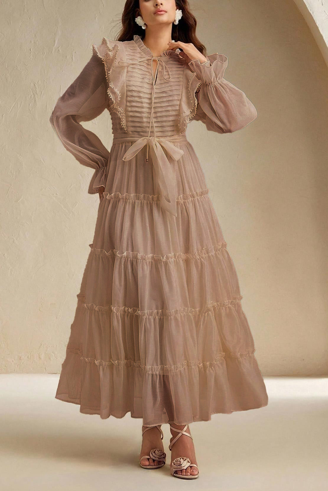 Lace-Up Pleated Frill Midi Dress With Belt