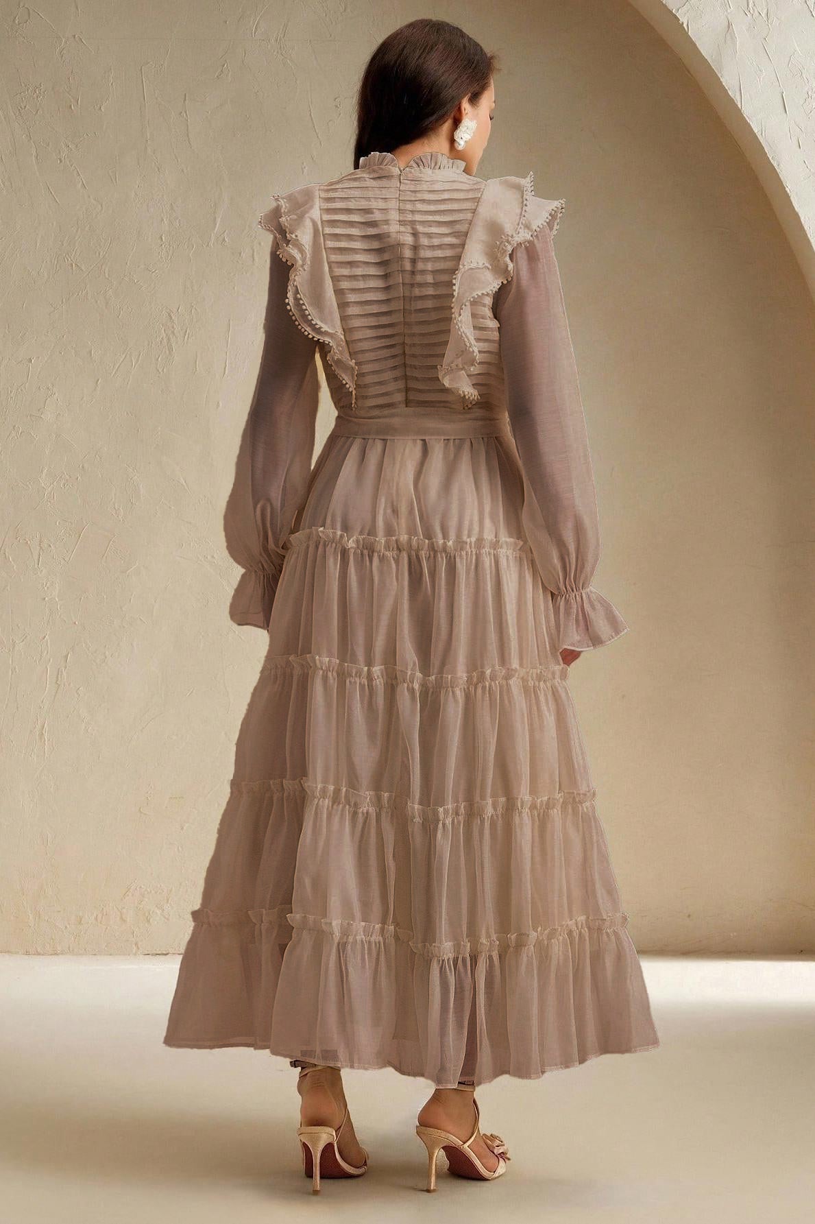 Lace-Up Pleated Frill Midi Dress With Belt