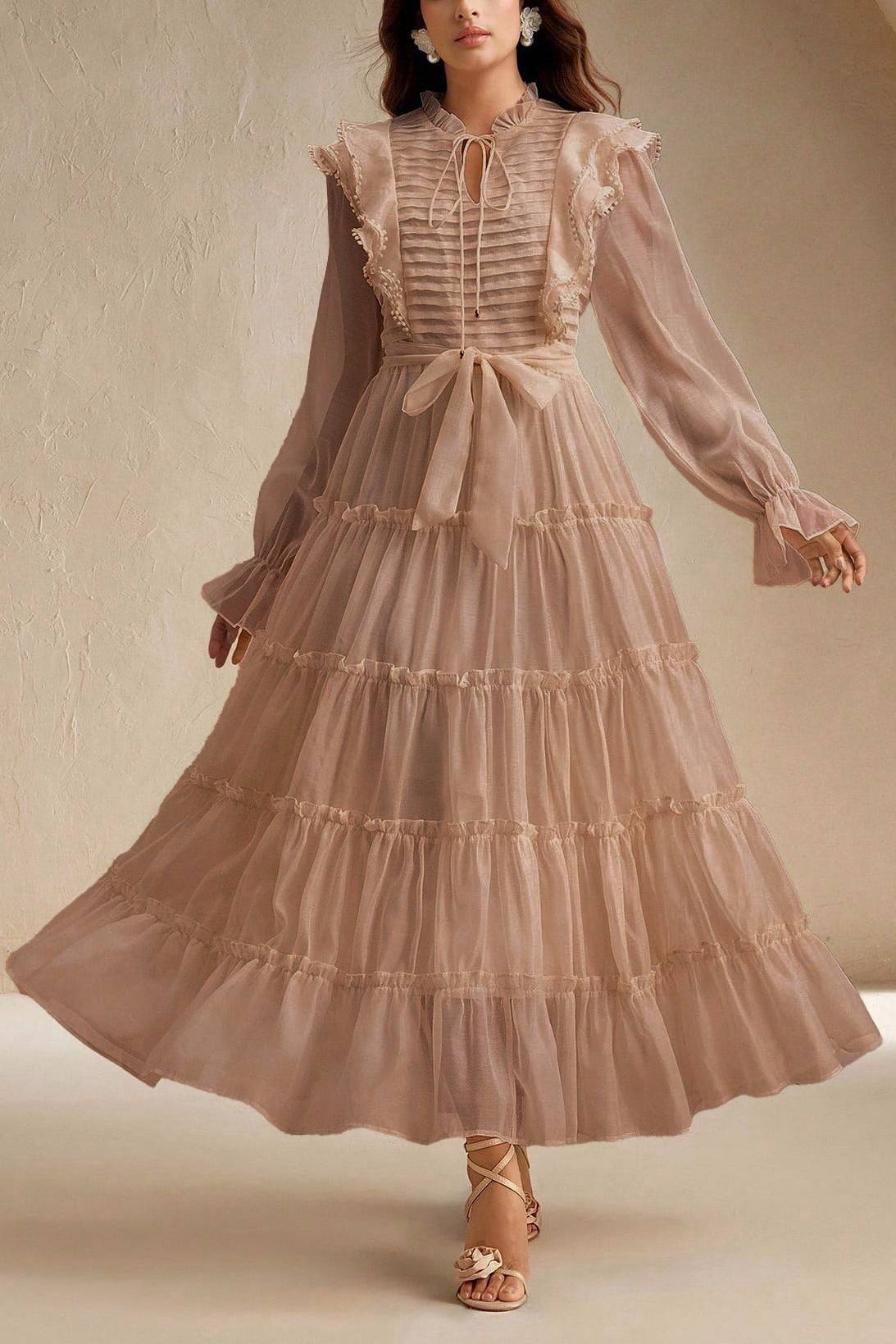 Lace-Up Pleated Frill Midi Dress With Belt