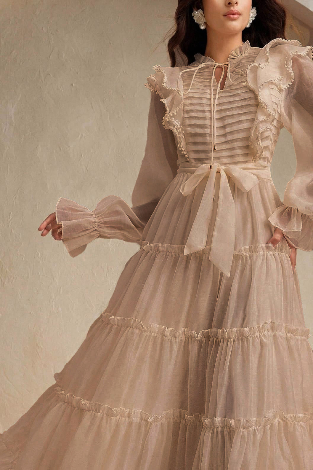 Lace-Up Pleated Frill Midi Dress With Belt