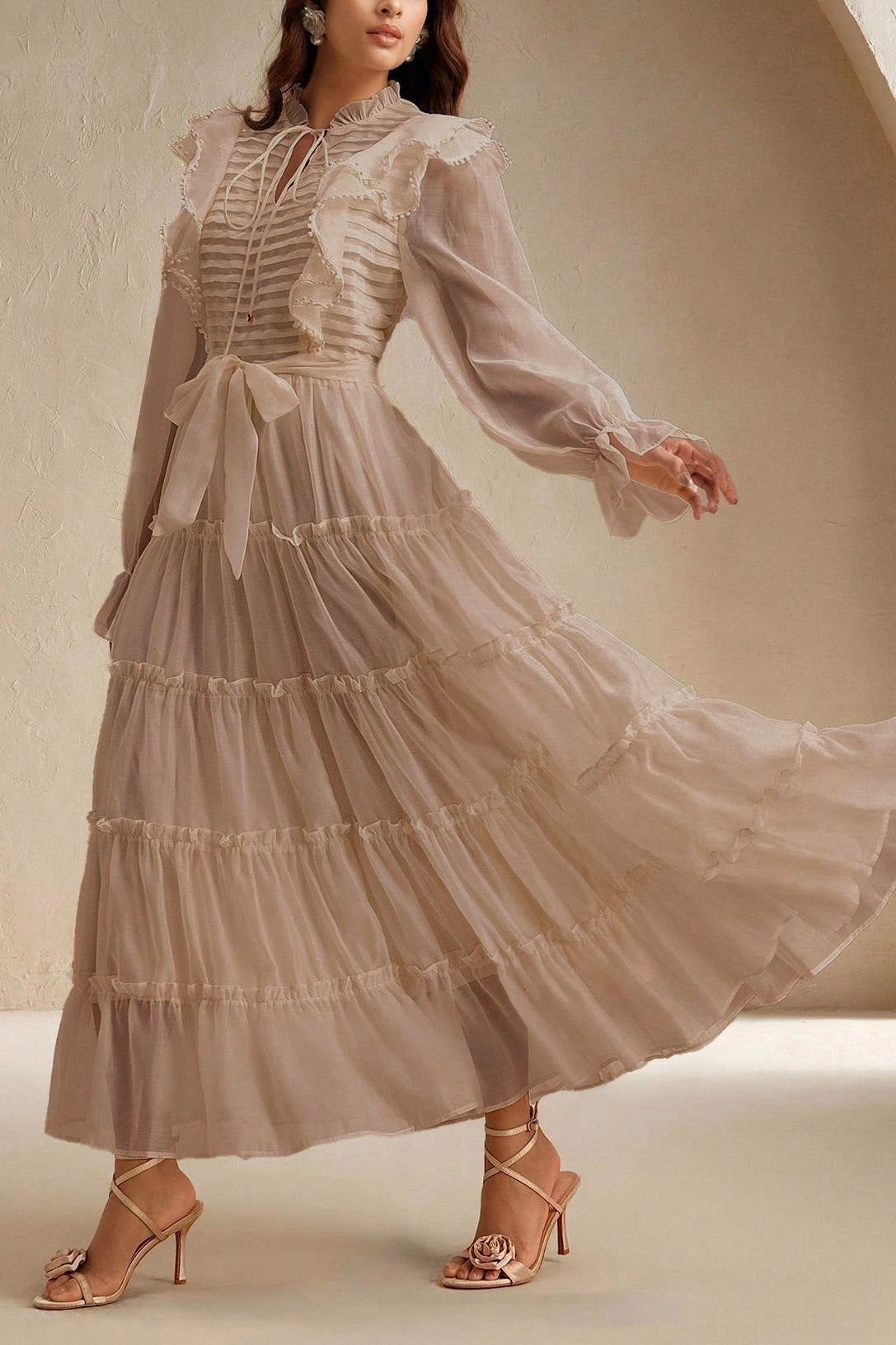 Lace-Up Pleated Frill Midi Dress With Belt