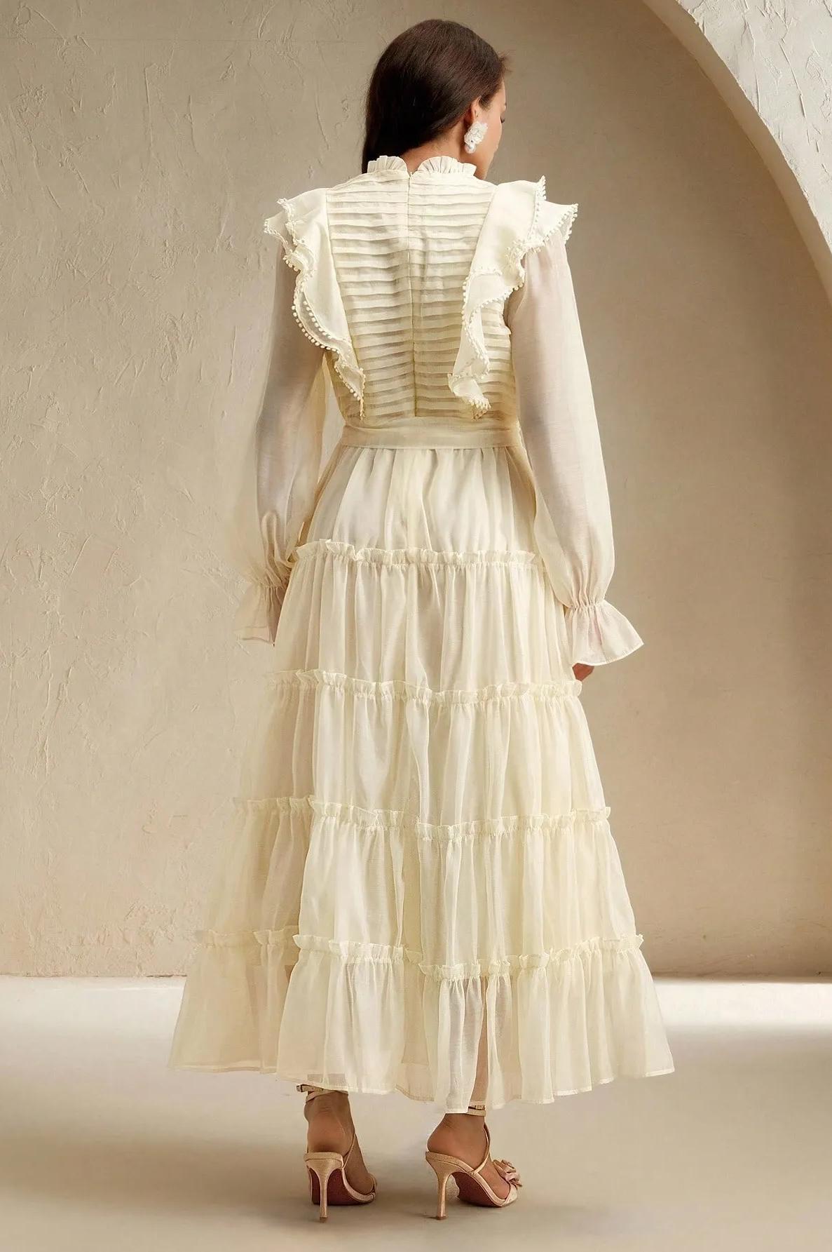 Lace-Up Pleated Frill Midi Dress With Belt