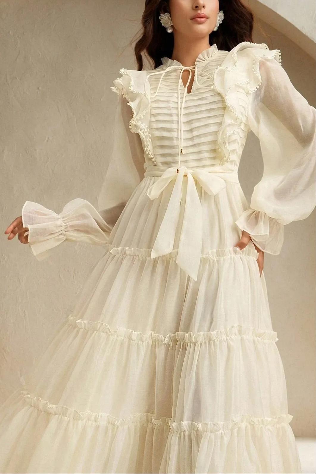 Lace-Up Pleated Frill Midi Dress With Belt