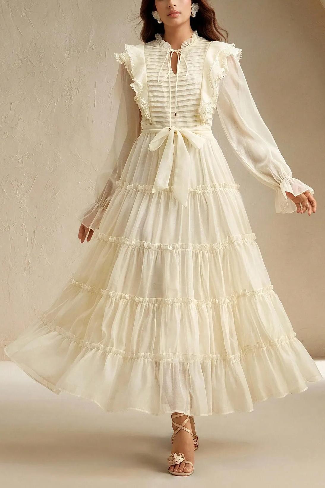 Lace-Up Pleated Frill Midi Dress With Belt