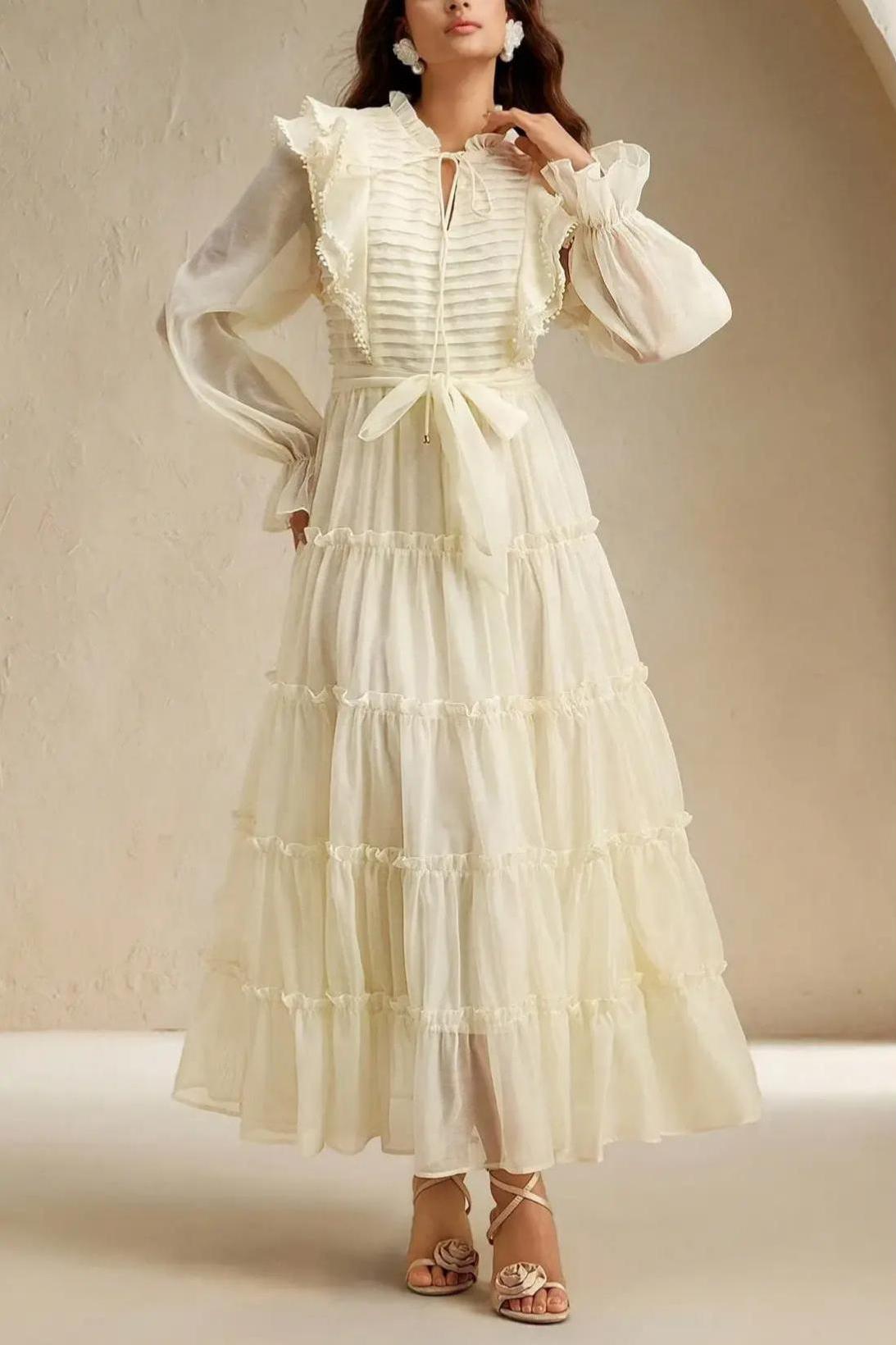 Lace-Up Pleated Frill Midi Dress With Belt