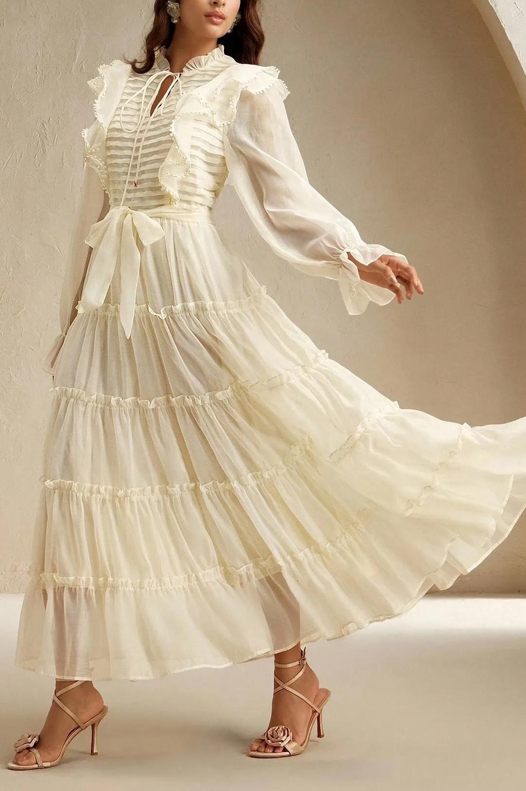 Lace-Up Pleated Frill Midi Dress With Belt