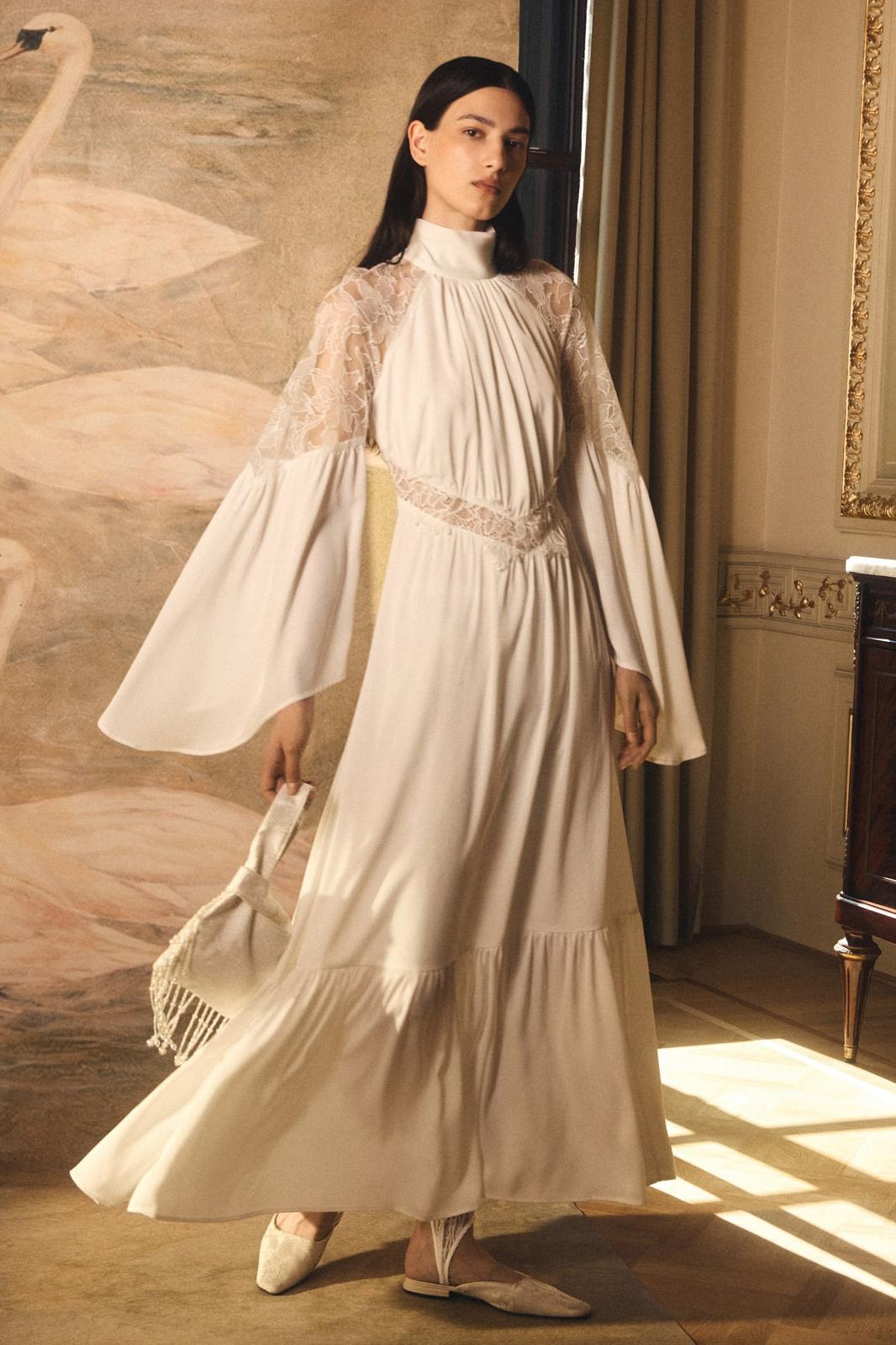 Lace Splicing High Neck Bell Sleeve Midi Dress