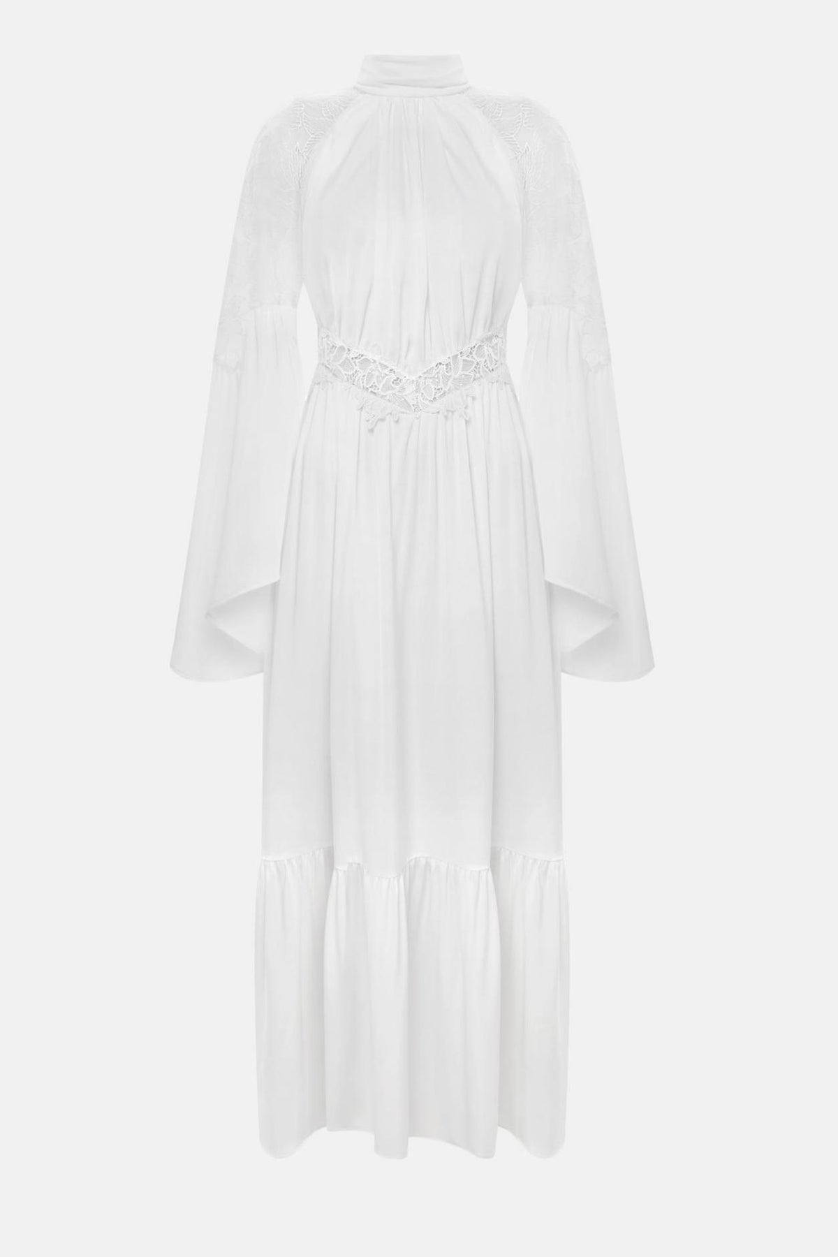 Lace Splicing High Neck Bell Sleeve Midi Dress