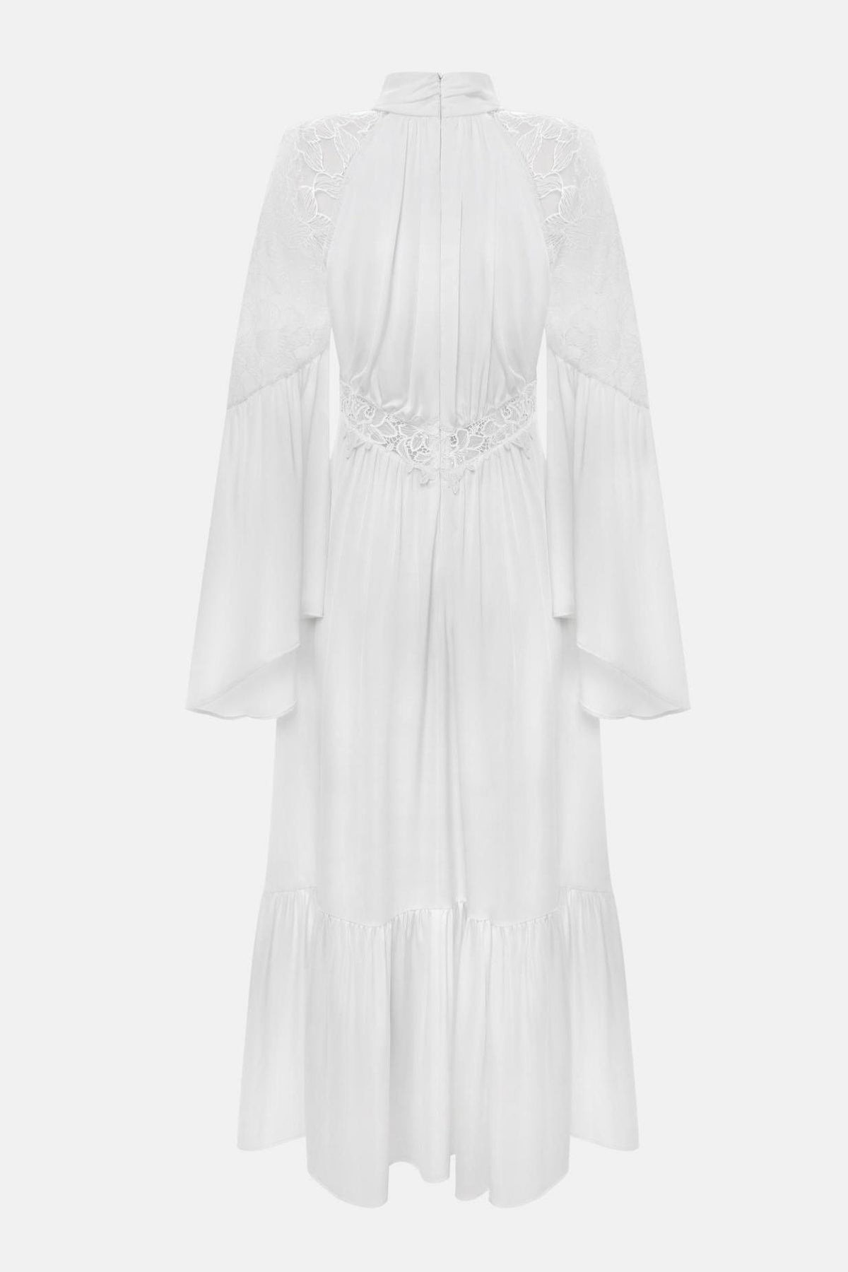 Lace Splicing High Neck Bell Sleeve Midi Dress