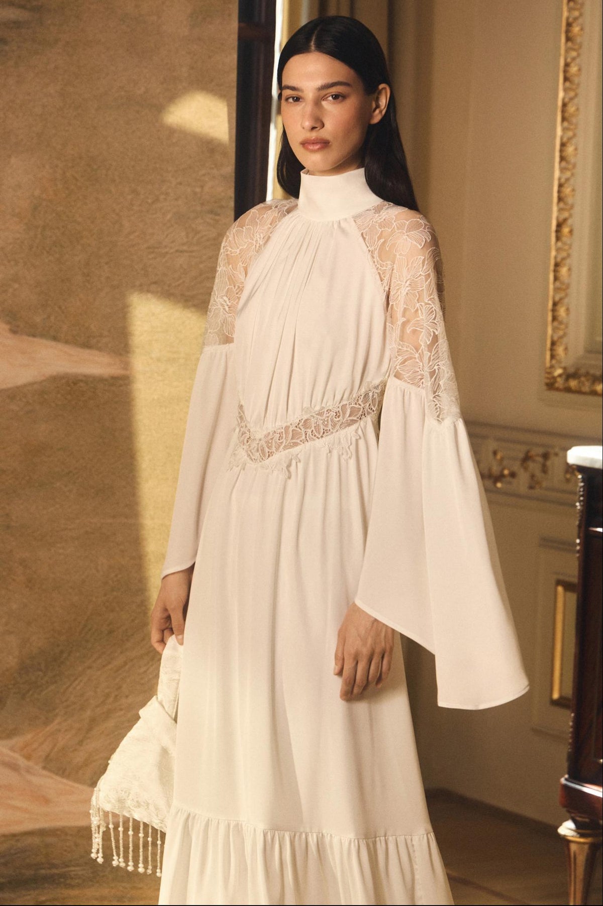 Lace Splicing High Neck Bell Sleeve Midi Dress