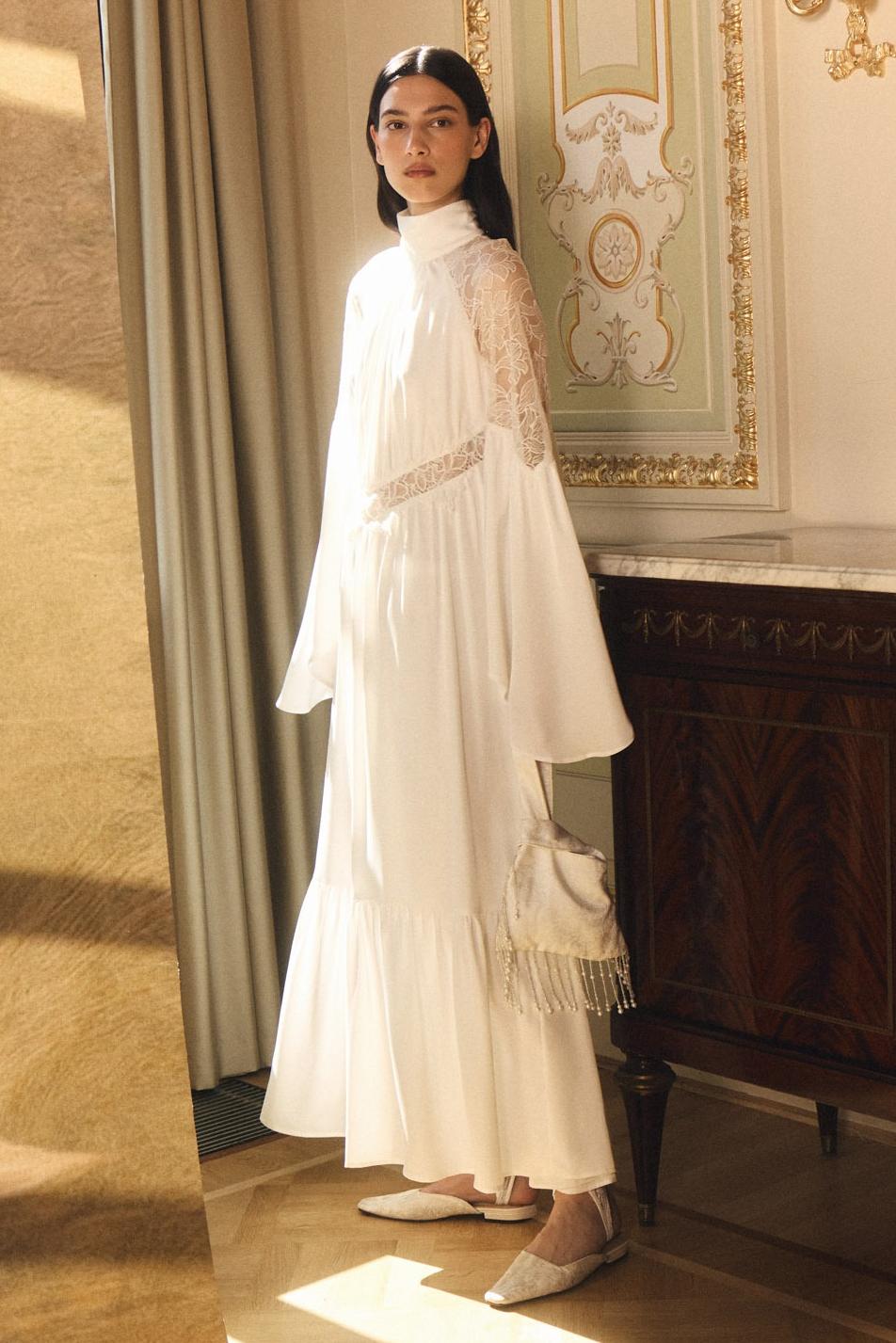 Lace Splicing High Neck Bell Sleeve Midi Dress