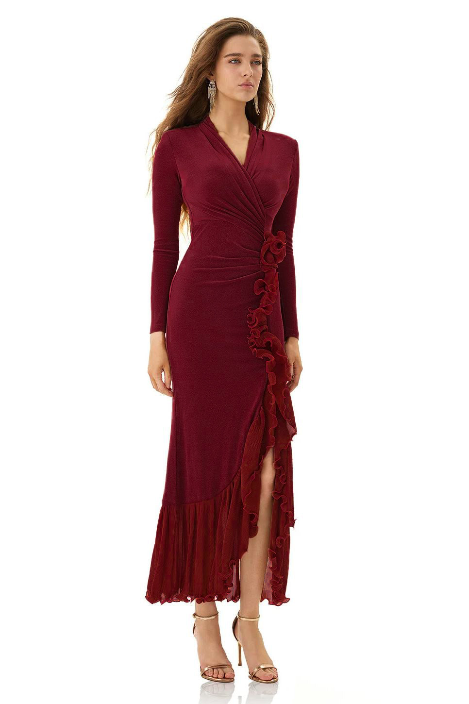 Ruffle Gathering Long Sleeve Midi Dress