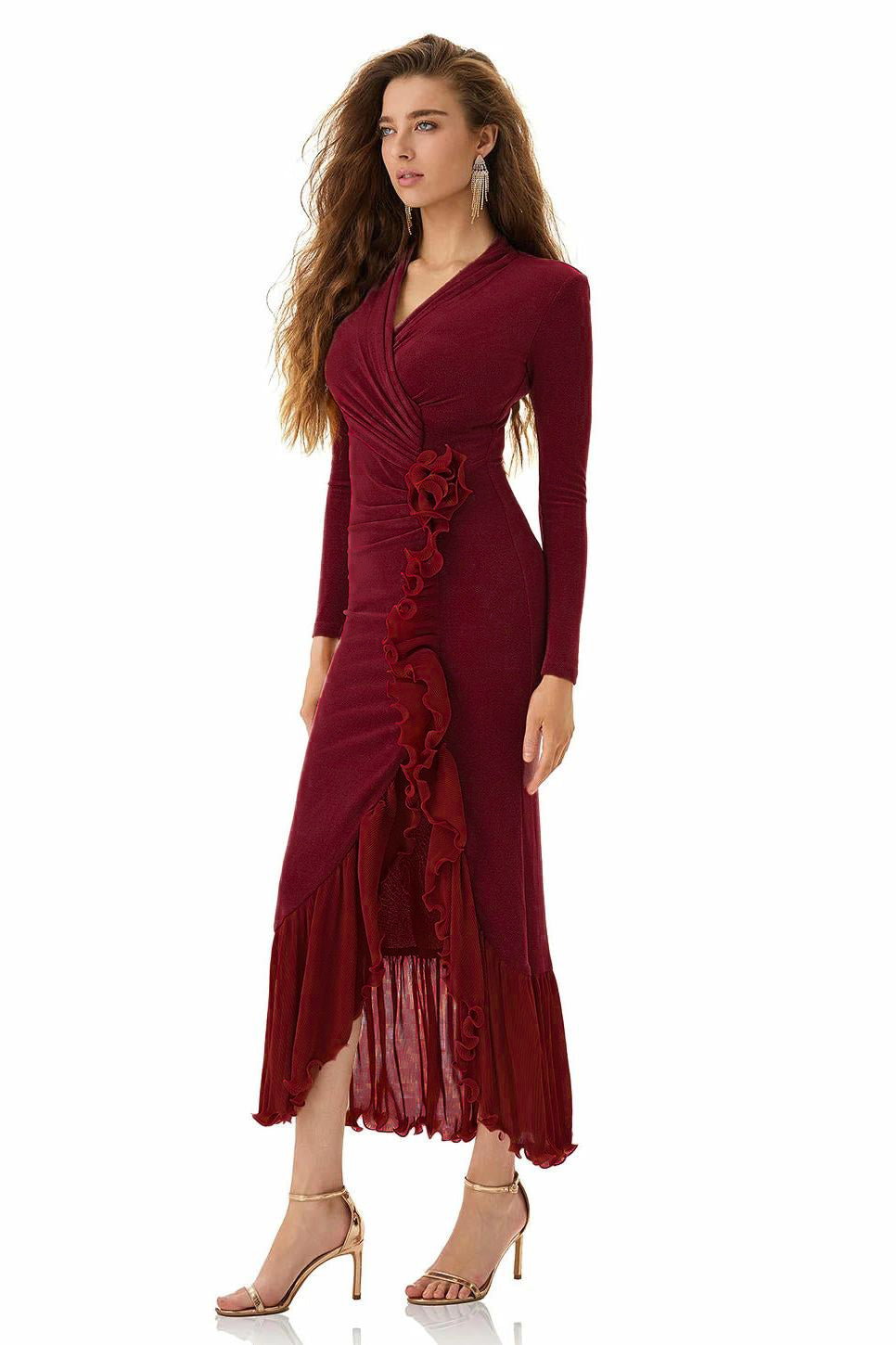 Ruffle Gathering Long Sleeve Midi Dress