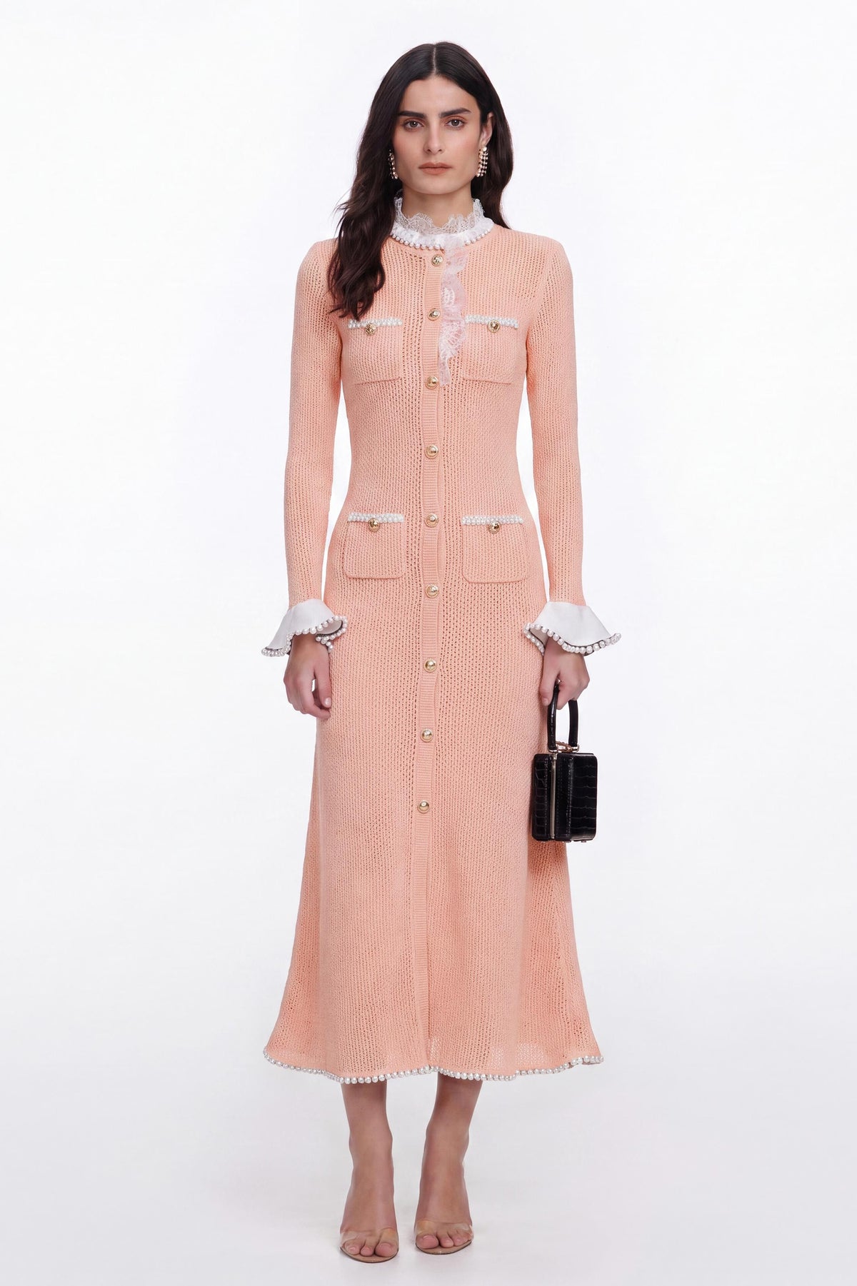 Contrast Color Lace Trim Metal Button Midi Dress
