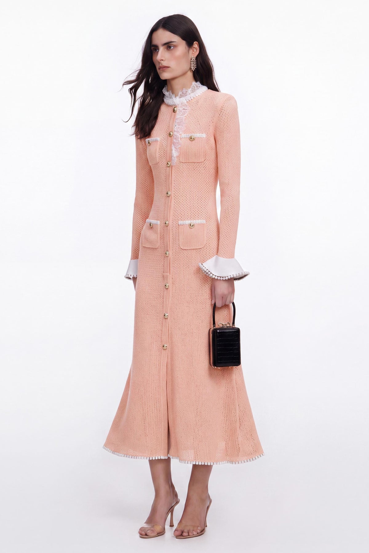 Contrast Color Lace Trim Metal Button Midi Dress