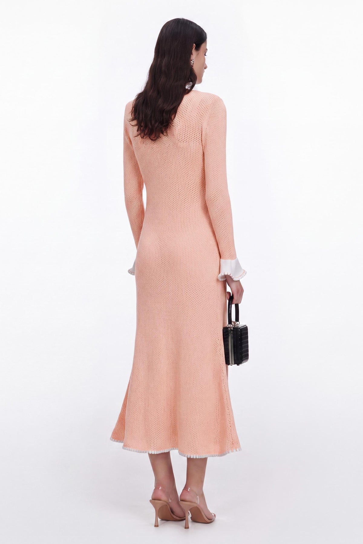 Contrast Color Lace Trim Metal Button Midi Dress