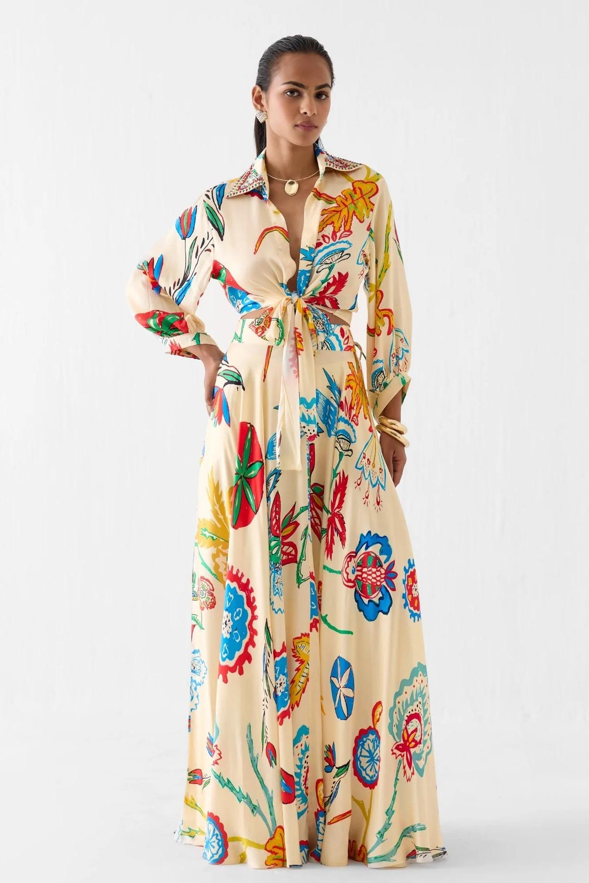 Botanical Print Lace-Up Top & High Waist Maxi Skirt Set
