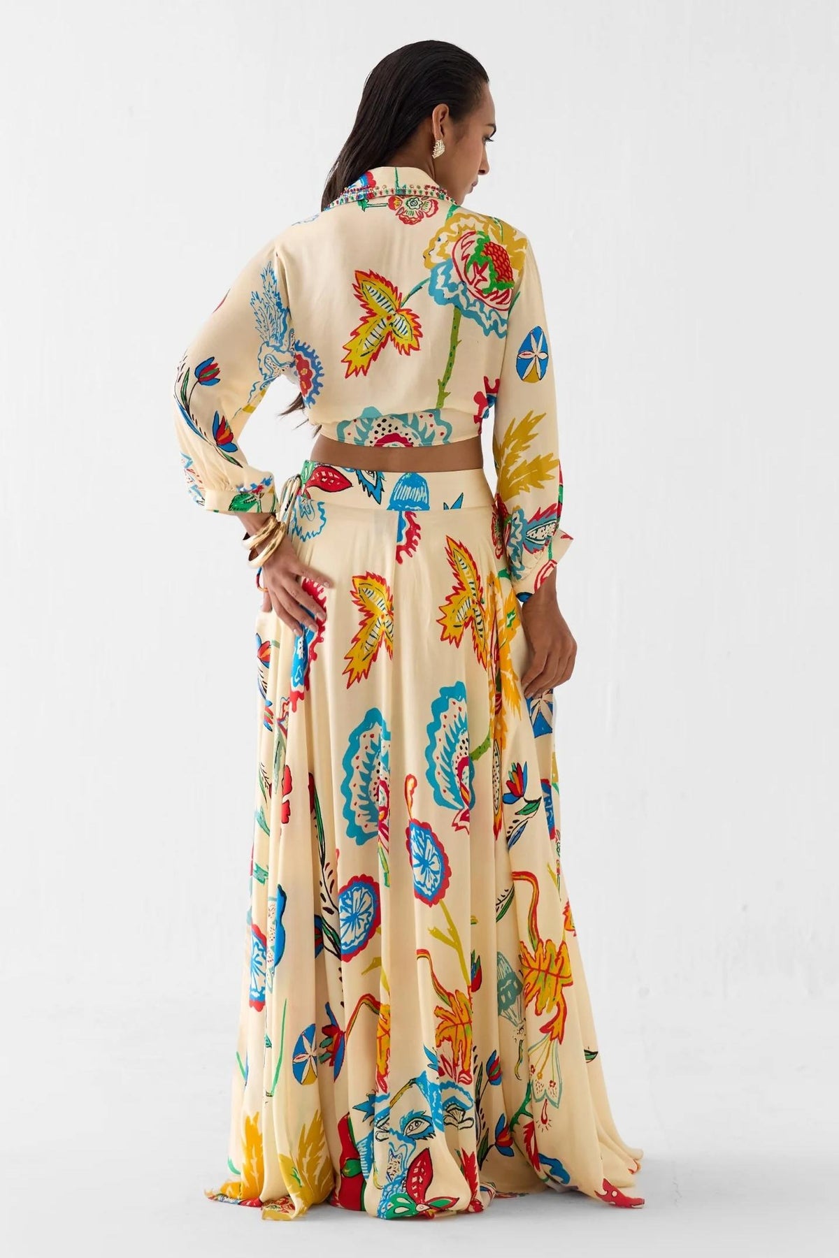 Botanical Print Lace-Up Top & High Waist Maxi Skirt Set