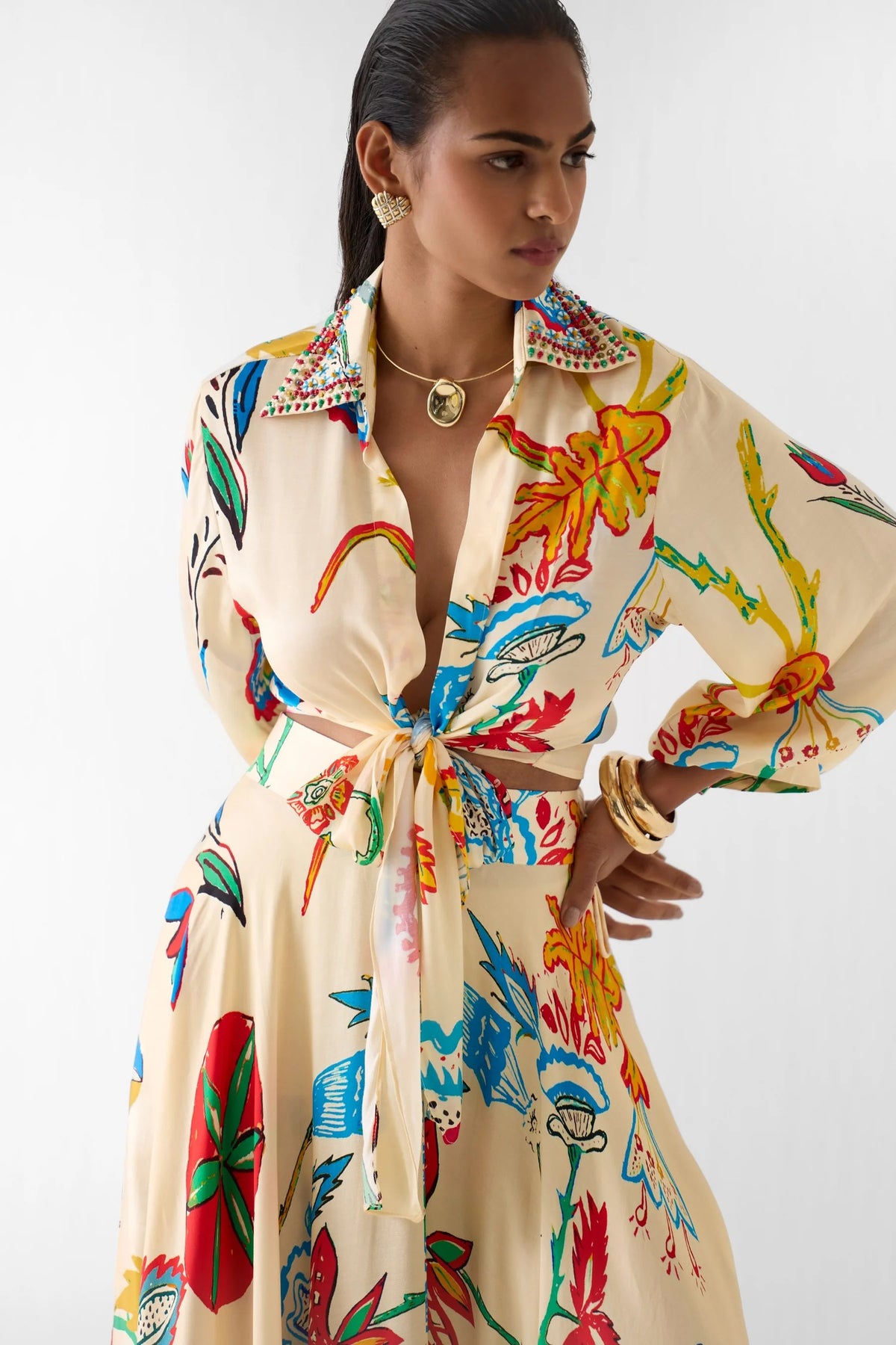 Botanical Print Lace-Up Top & High Waist Maxi Skirt Set