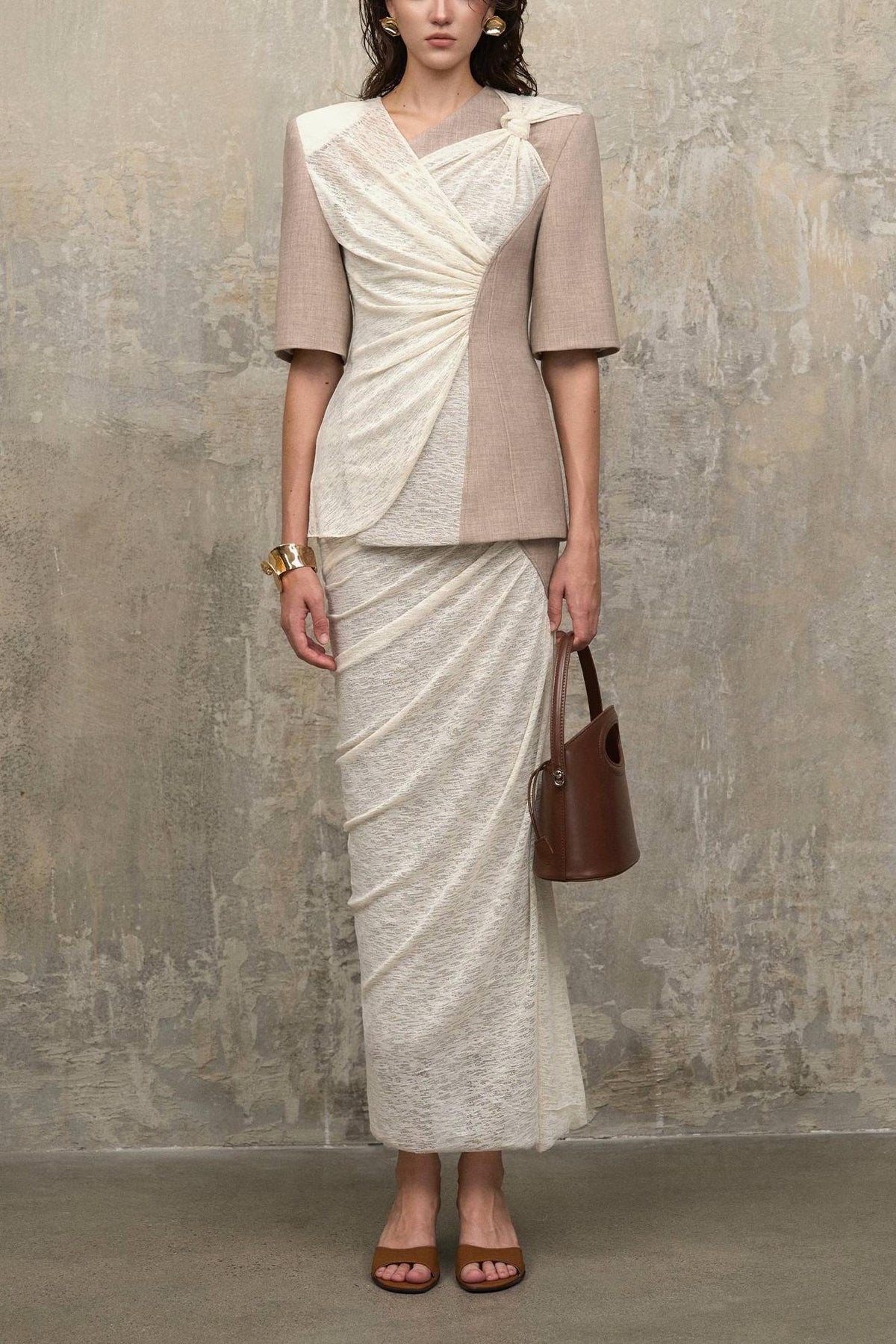 Jersey Splicing Gathering Top & Mid Waist Midi Skirt Set