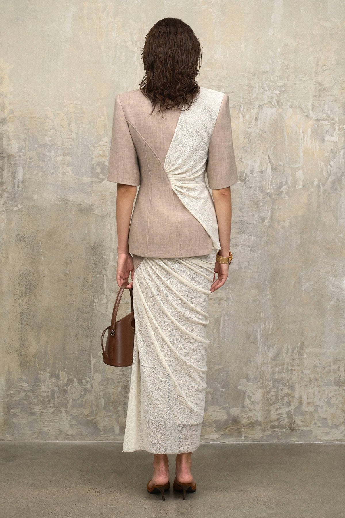 Jersey Splicing Gathering Top & Mid Waist Midi Skirt Set
