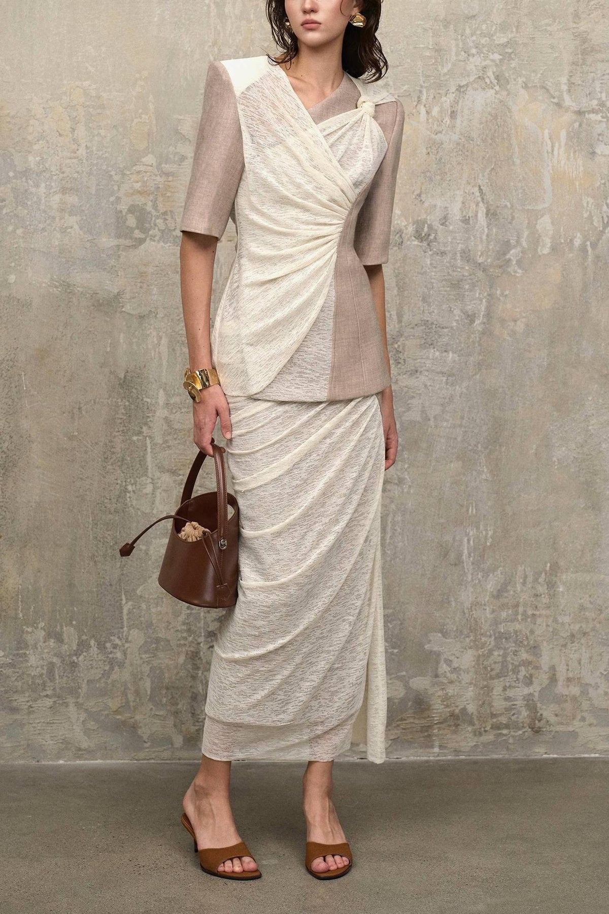 Jersey Splicing Gathering Top & Mid Waist Midi Skirt Set