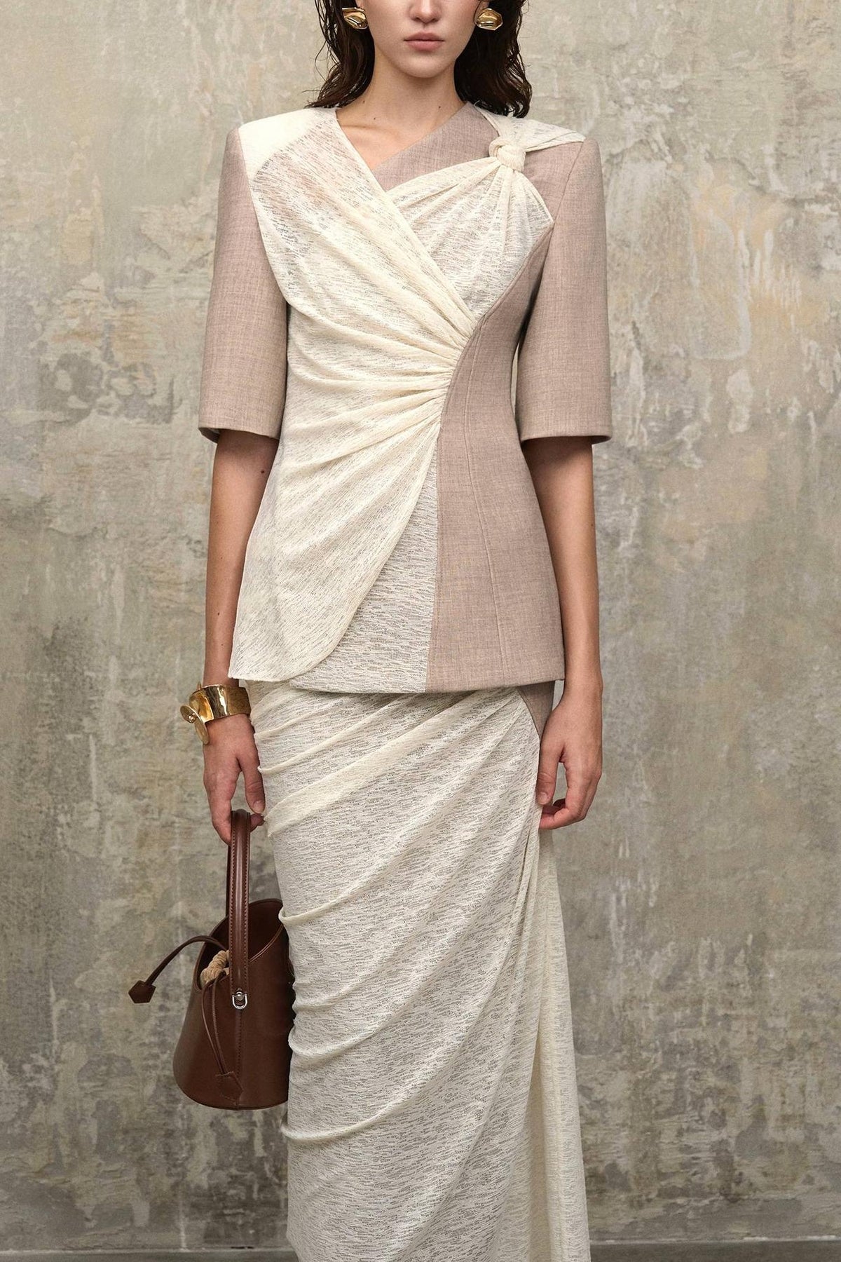 Jersey Splicing Gathering Top & Mid Waist Midi Skirt Set