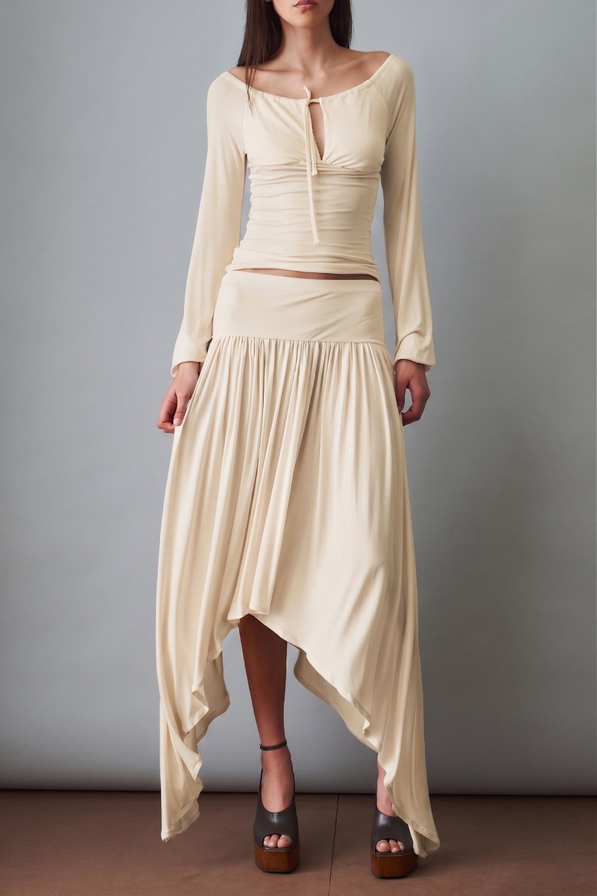 Off Shoulder Lace-Up Top & Mid Waist Midi Skirt Set