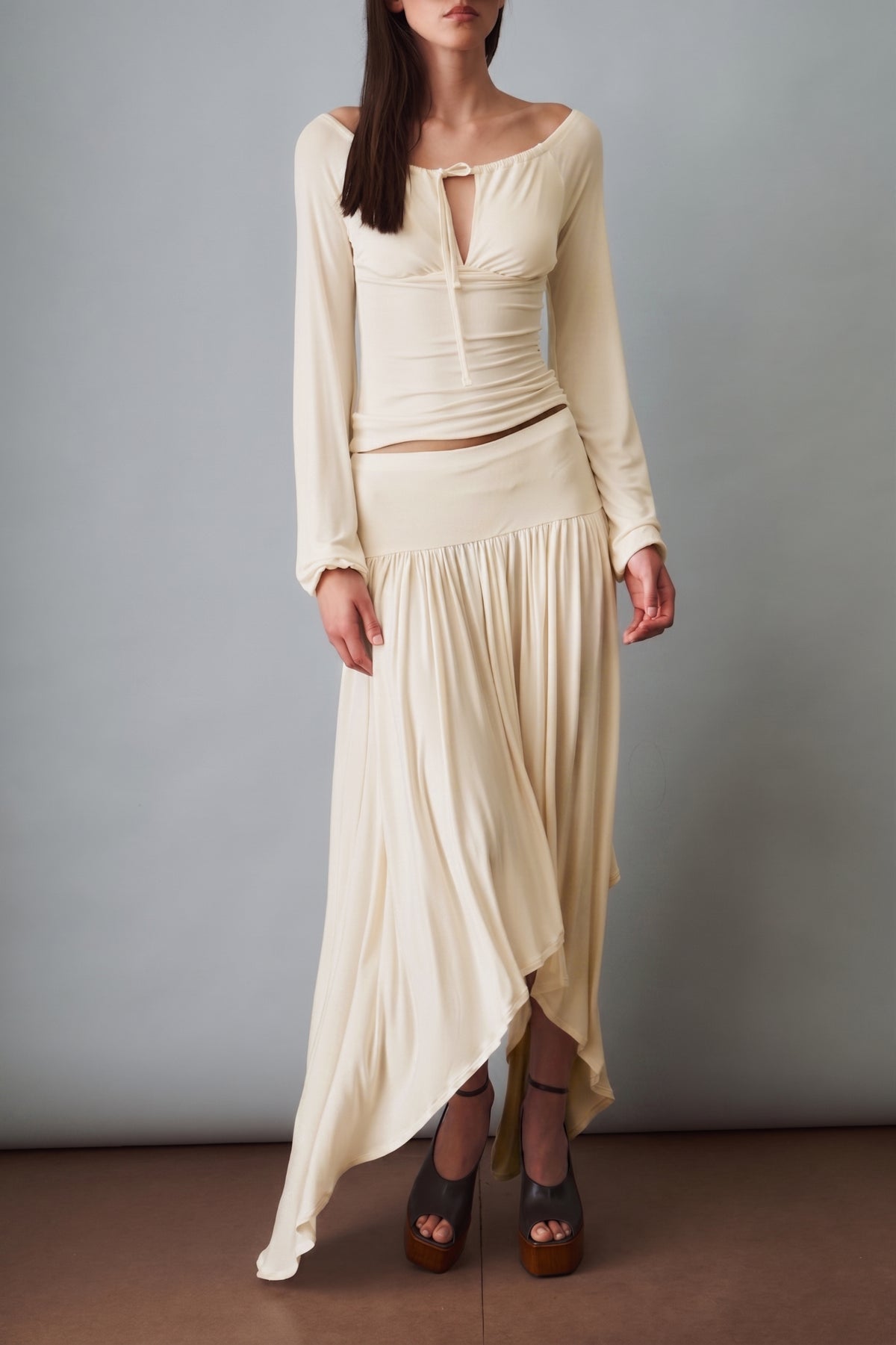 Off Shoulder Lace-Up Top & Mid Waist Midi Skirt Set