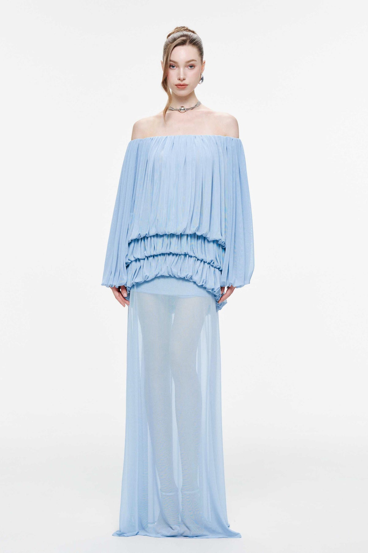 Off Shoulder Gathering Top & Mid Waist Midi Skirt Set