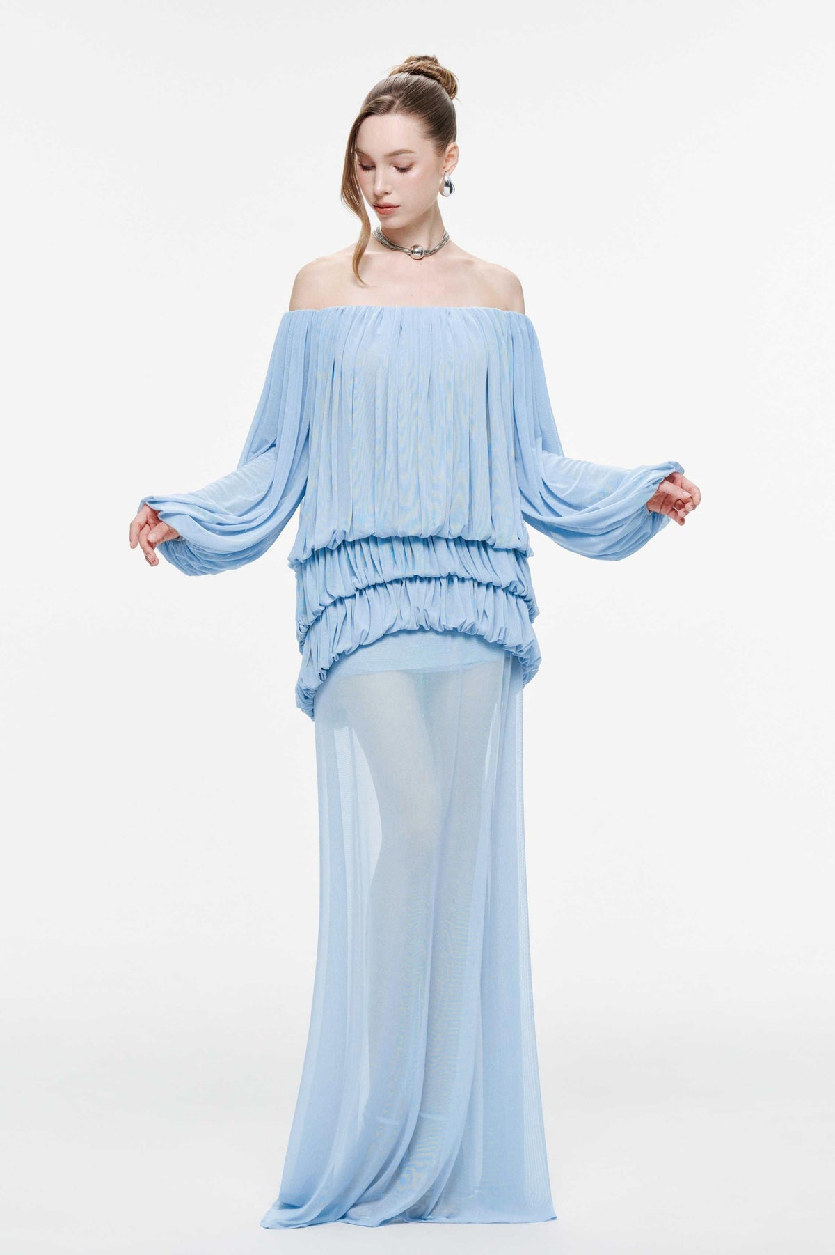 Off Shoulder Gathering Top & Mid Waist Midi Skirt Set
