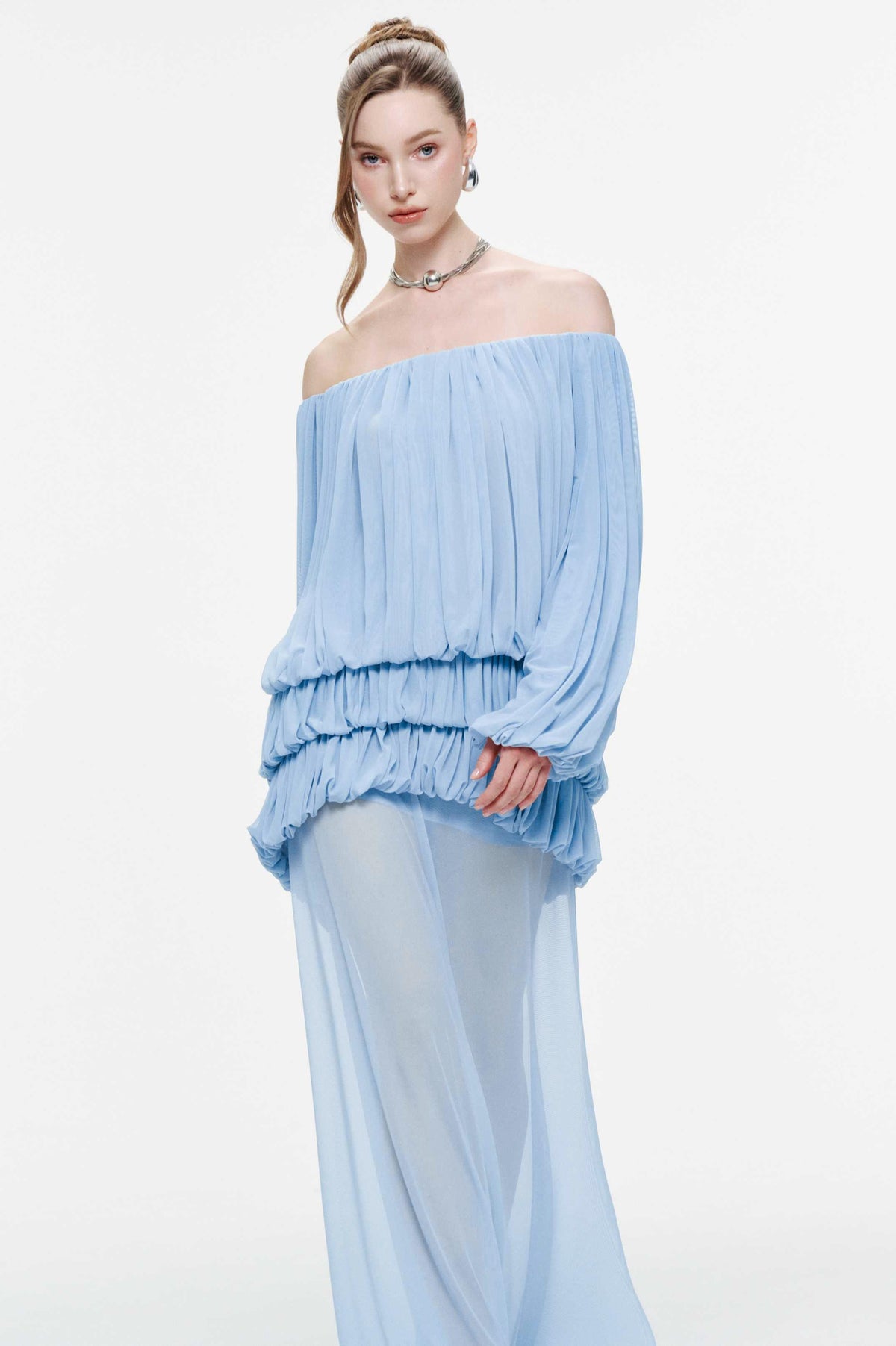 Off Shoulder Gathering Top & Mid Waist Midi Skirt Set