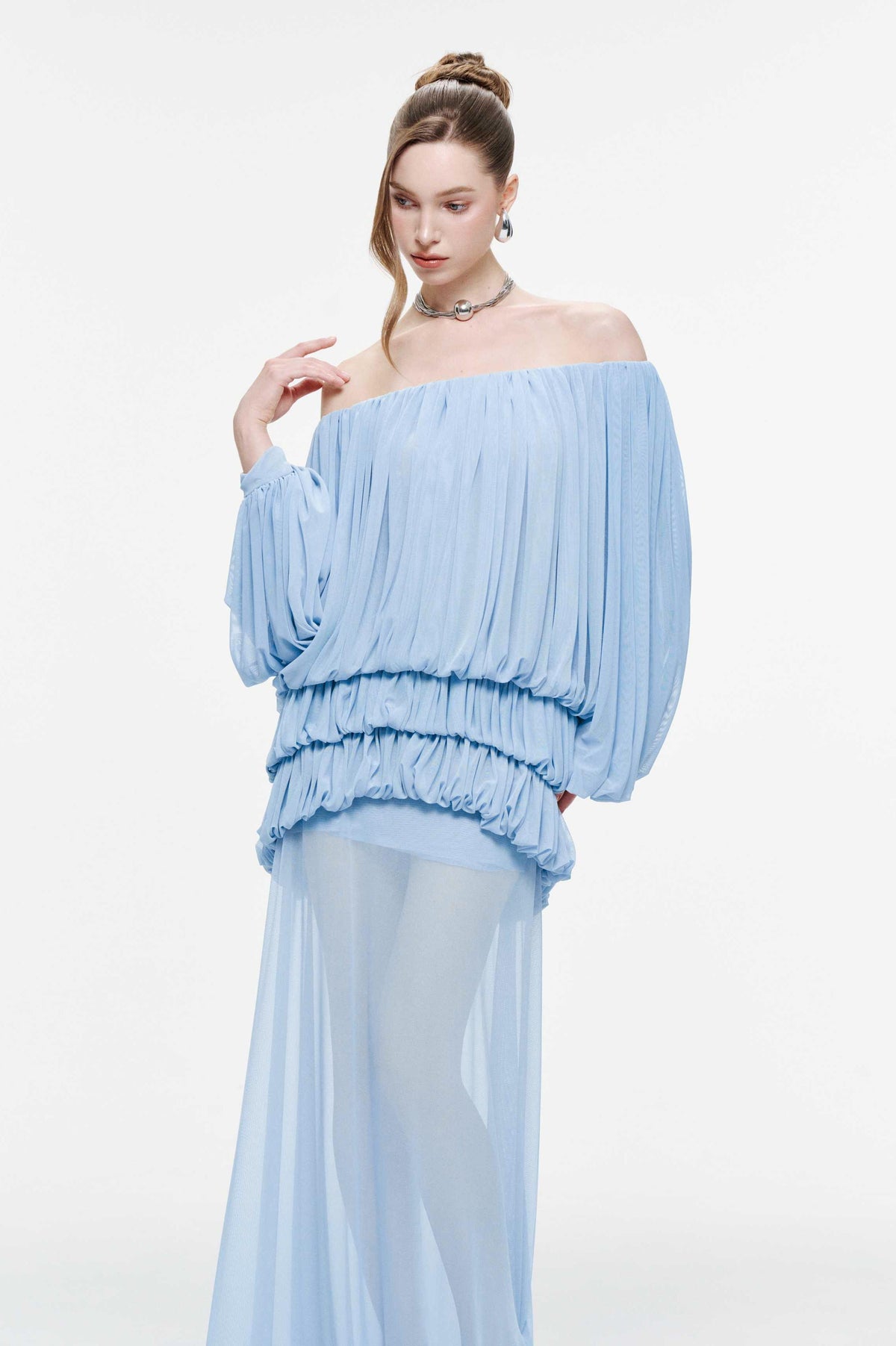 Off Shoulder Gathering Top & Mid Waist Midi Skirt Set