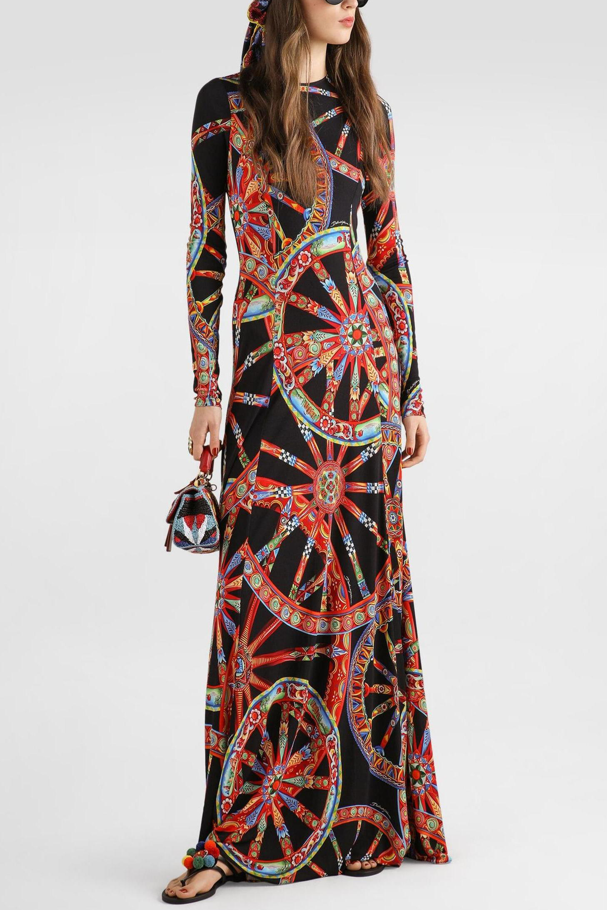 Abstract Print Round Neck Long Sleeve Maxi Dress