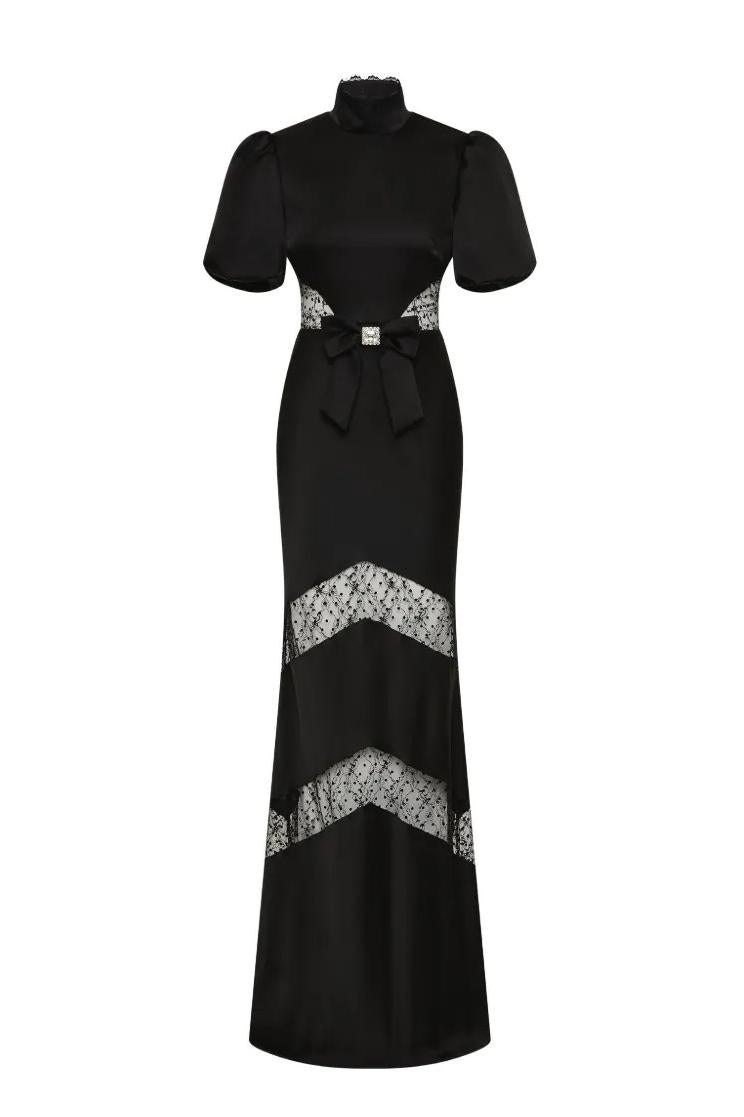 Lace Bow Puff Sleeve Maxi Dress