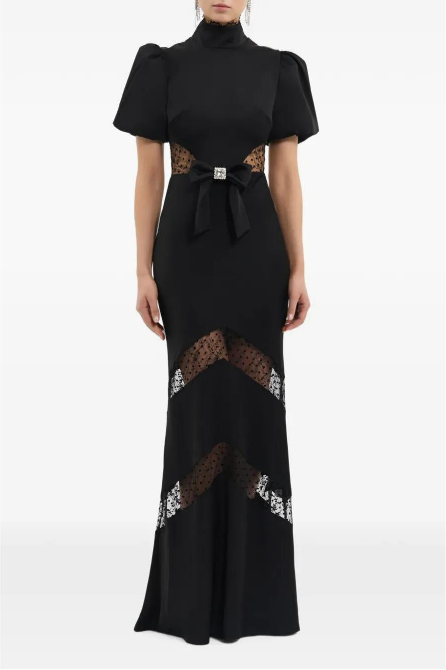 Lace Bow Puff Sleeve Maxi Dress
