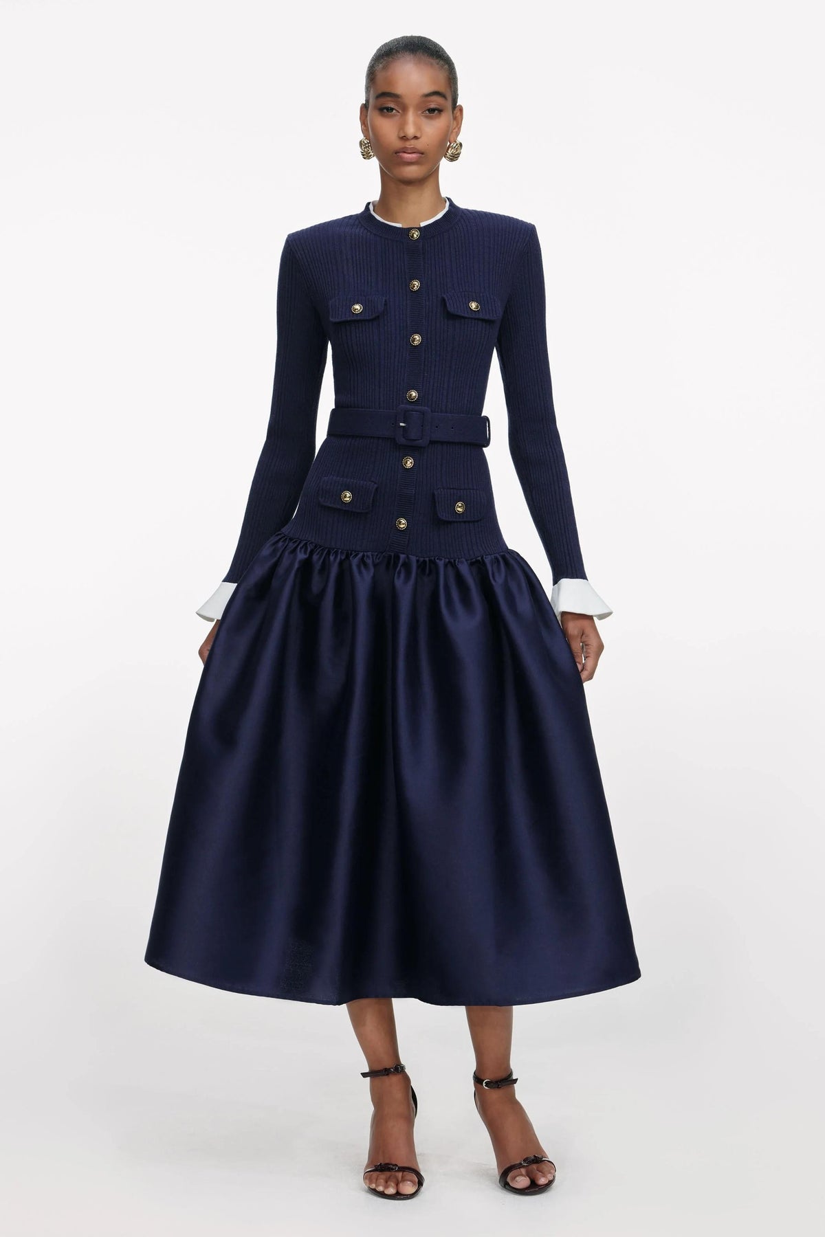 Metal Button Long Sleeve Midi Dress With Belt