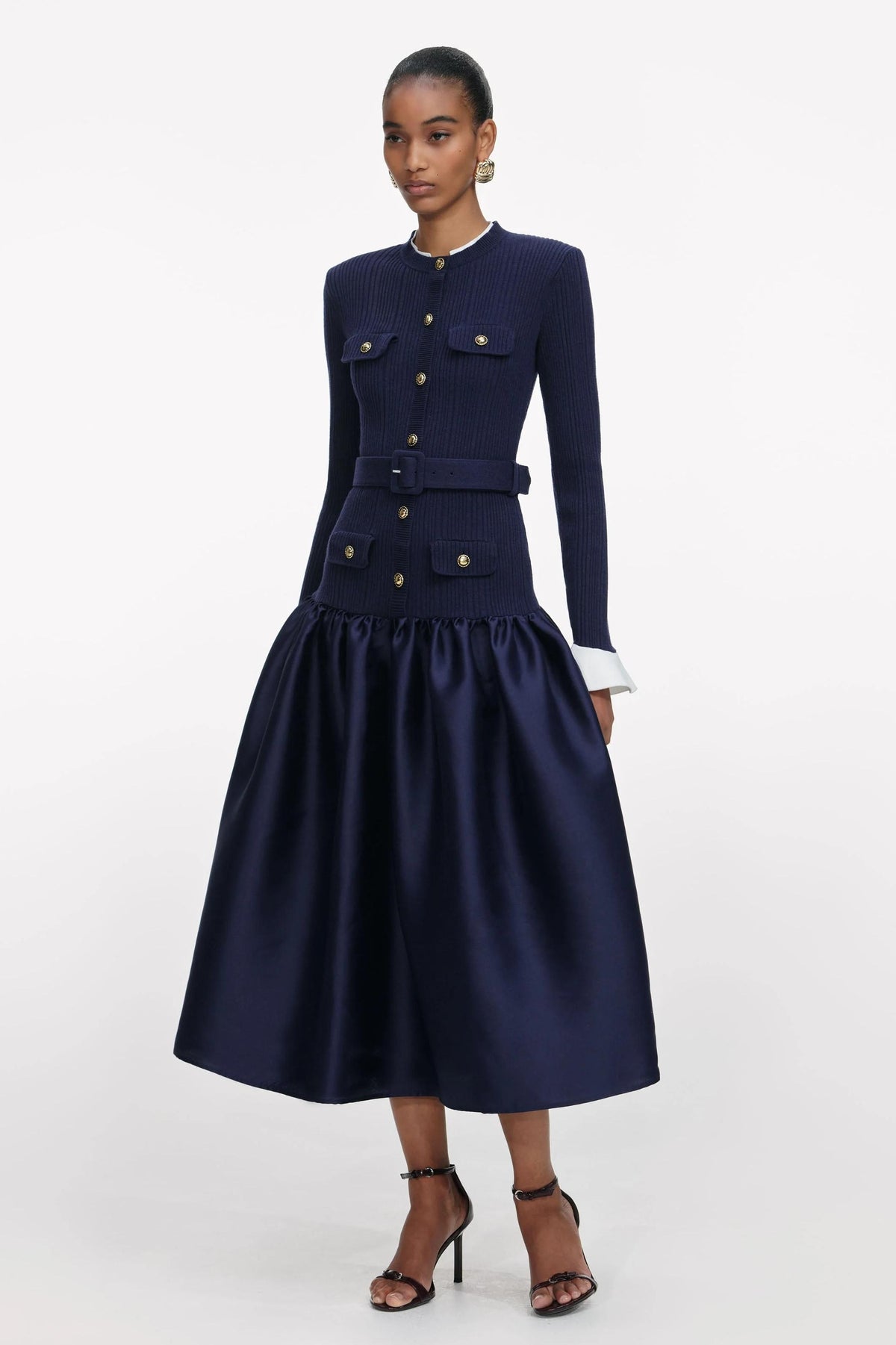 Metal Button Long Sleeve Midi Dress With Belt
