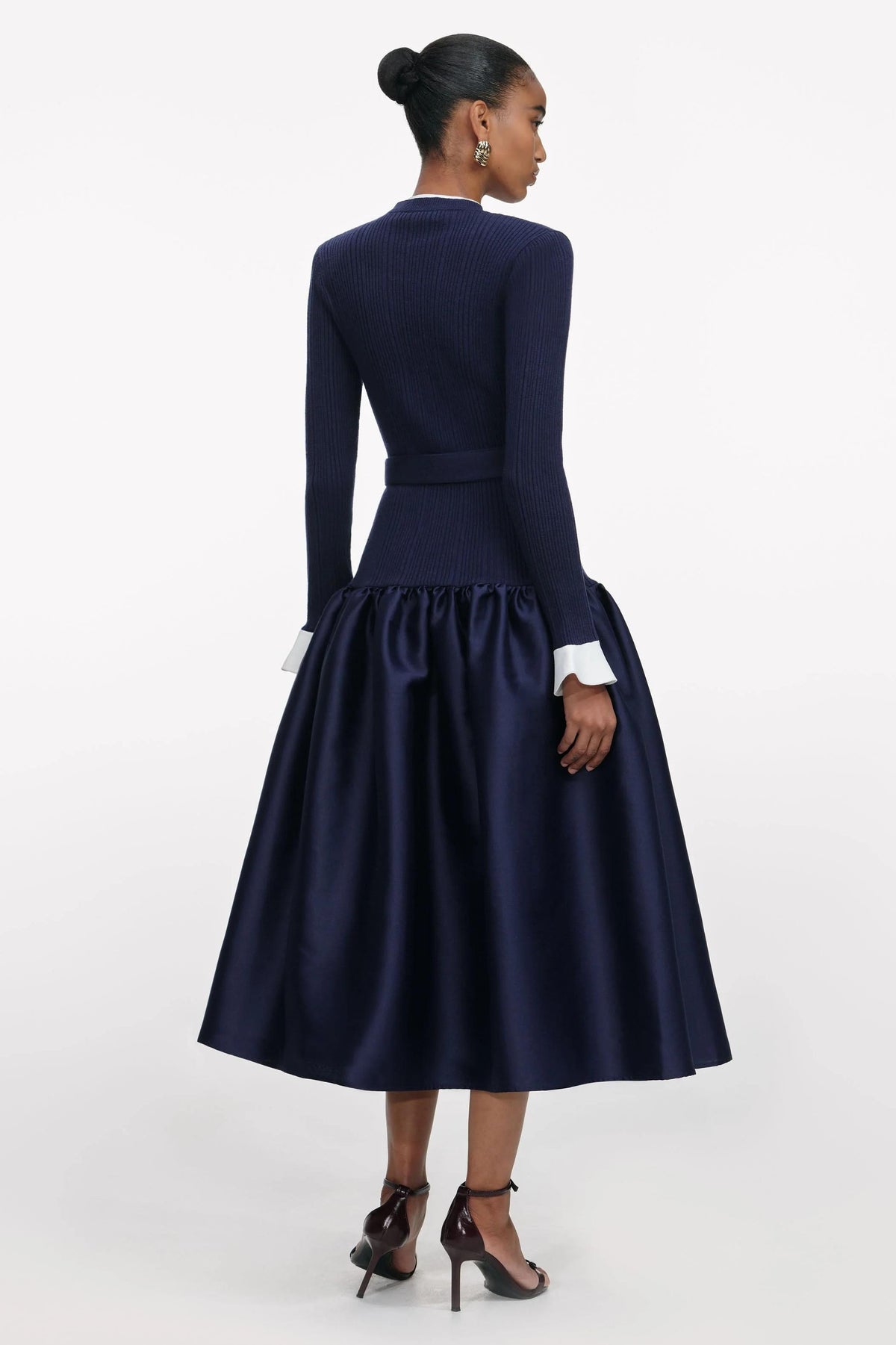 Metal Button Long Sleeve Midi Dress With Belt