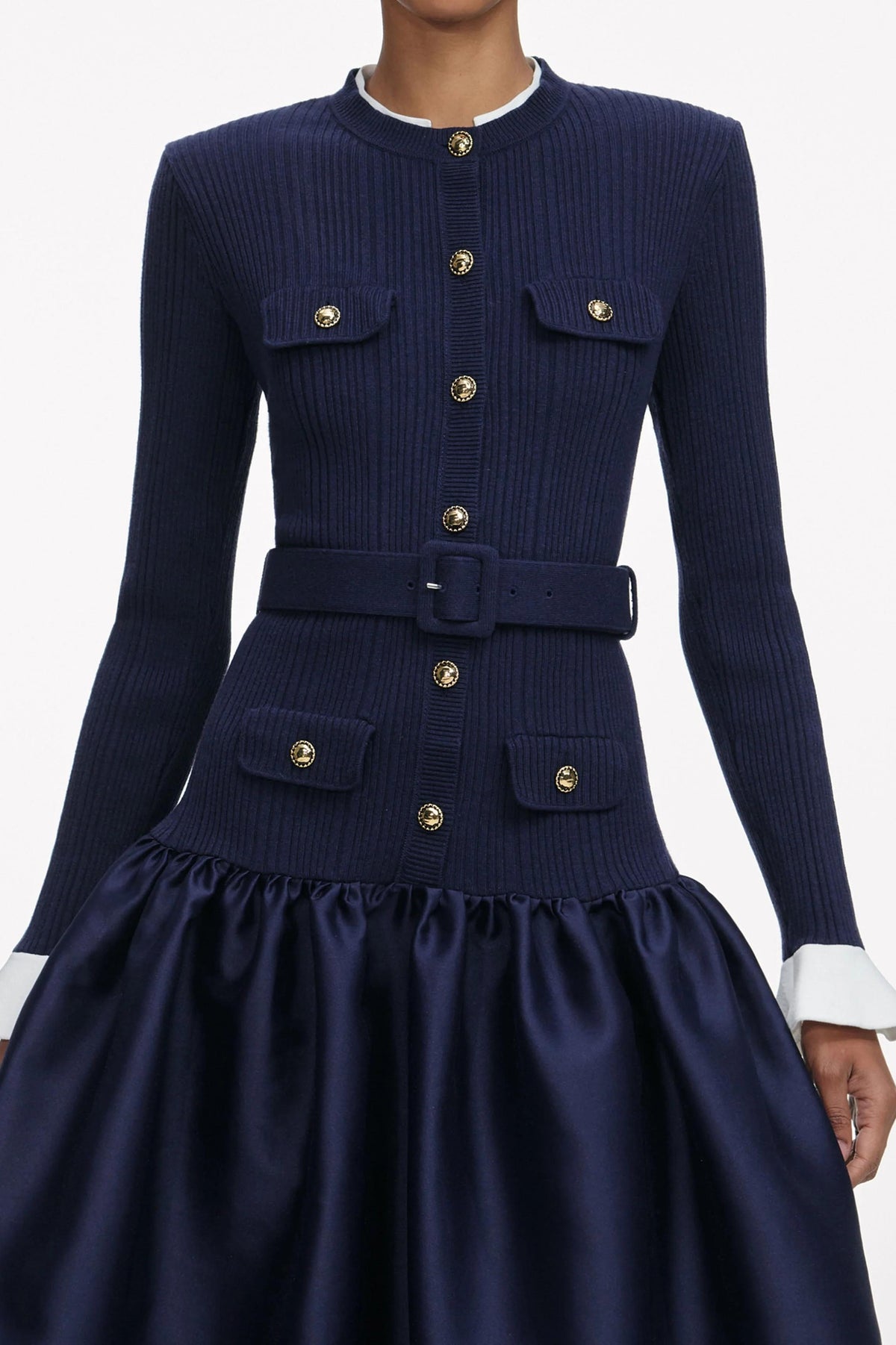 Metal Button Long Sleeve Midi Dress With Belt