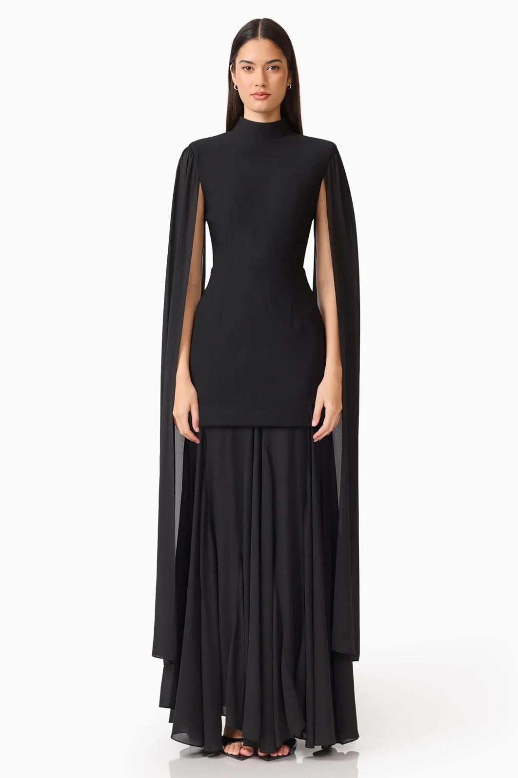 Solid High Neck Cape Sleeve Maxi Dress