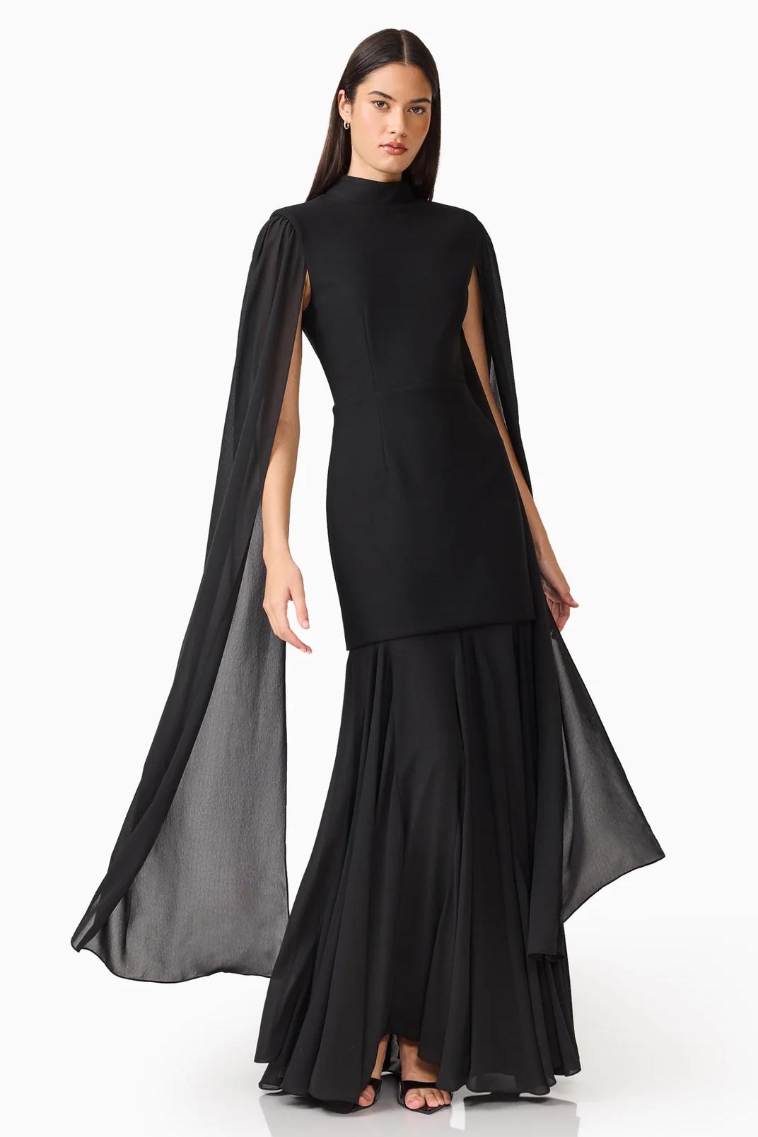 Solid High Neck Cape Sleeve Maxi Dress