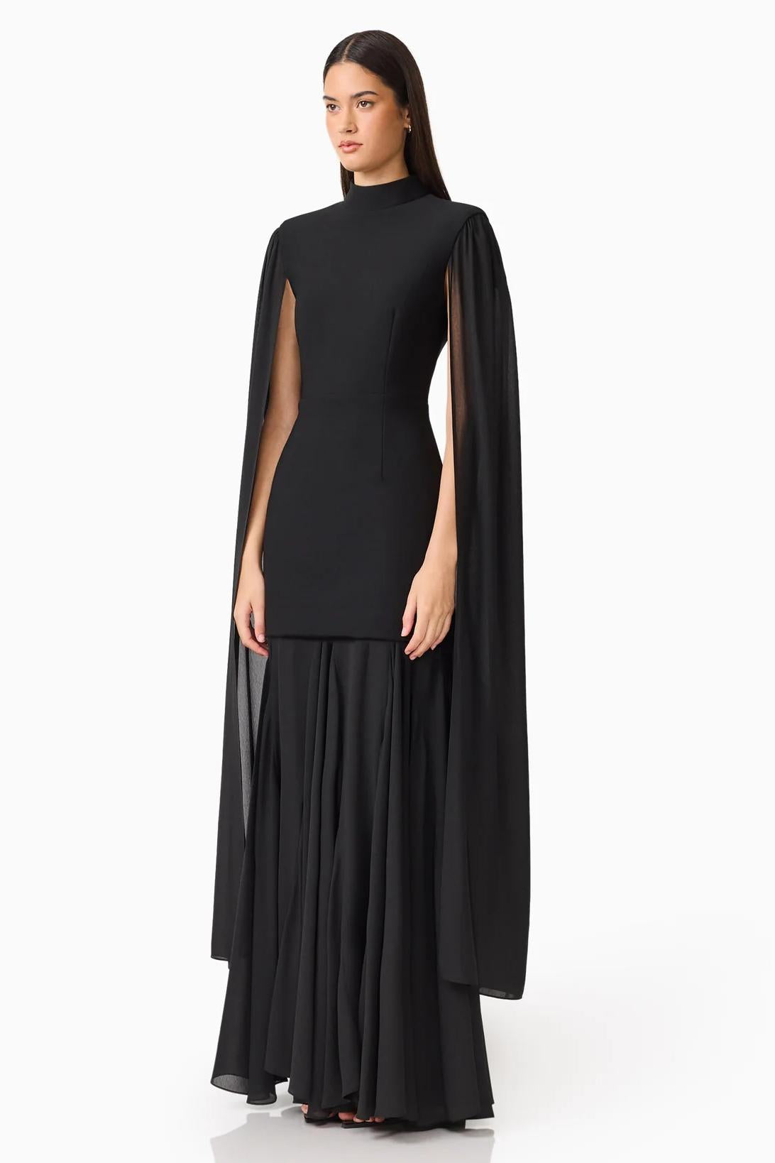 Solid High Neck Cape Sleeve Maxi Dress