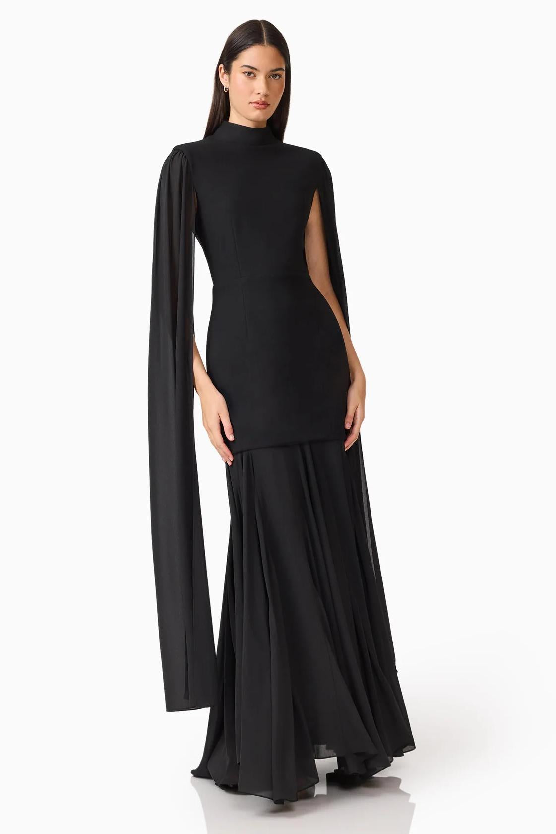 Solid High Neck Cape Sleeve Maxi Dress