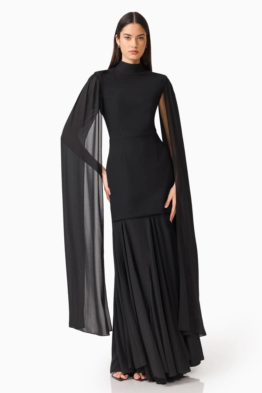 Solid High Neck Cape Sleeve Maxi Dress