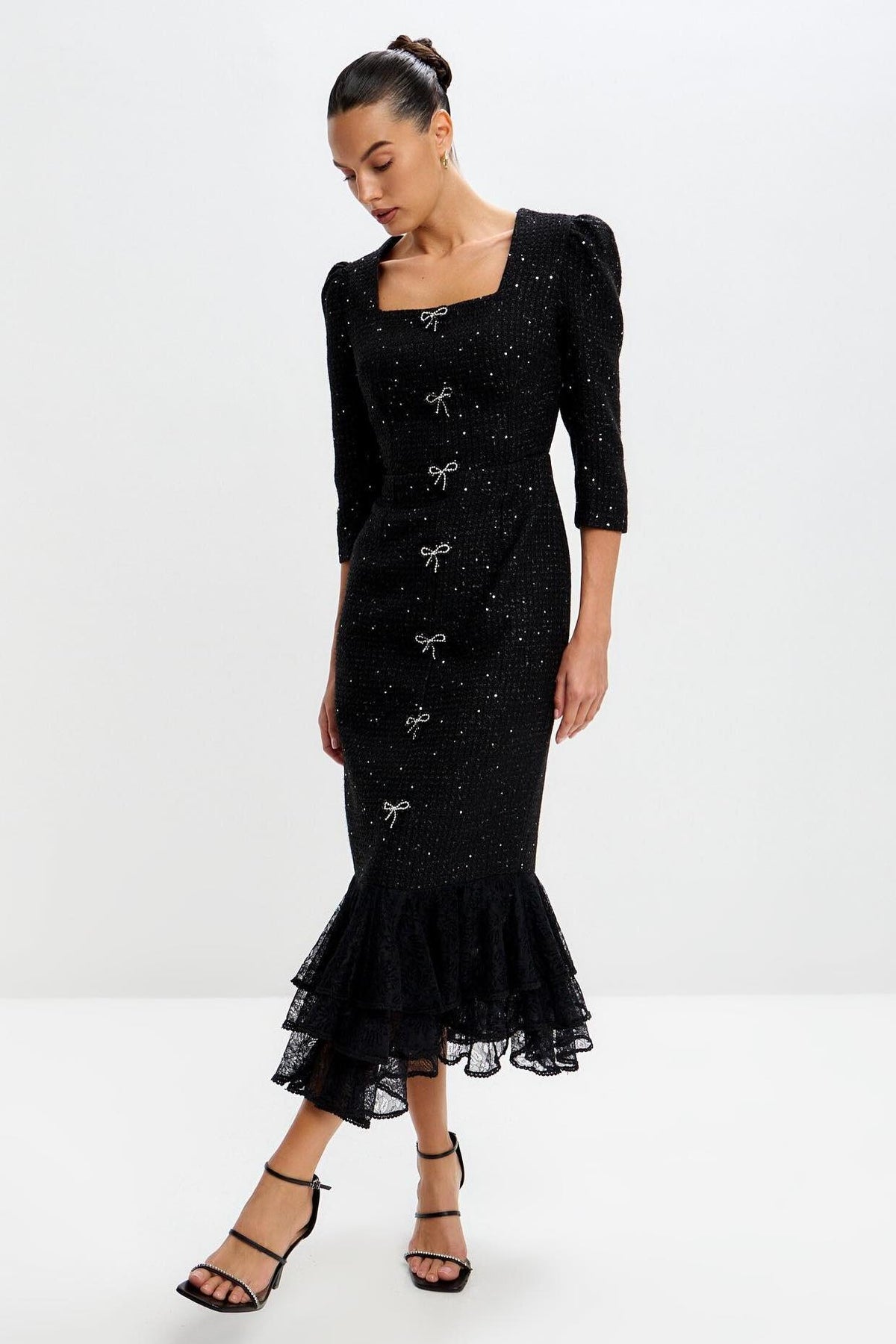 Bow Lace Ruffle Midi Dress