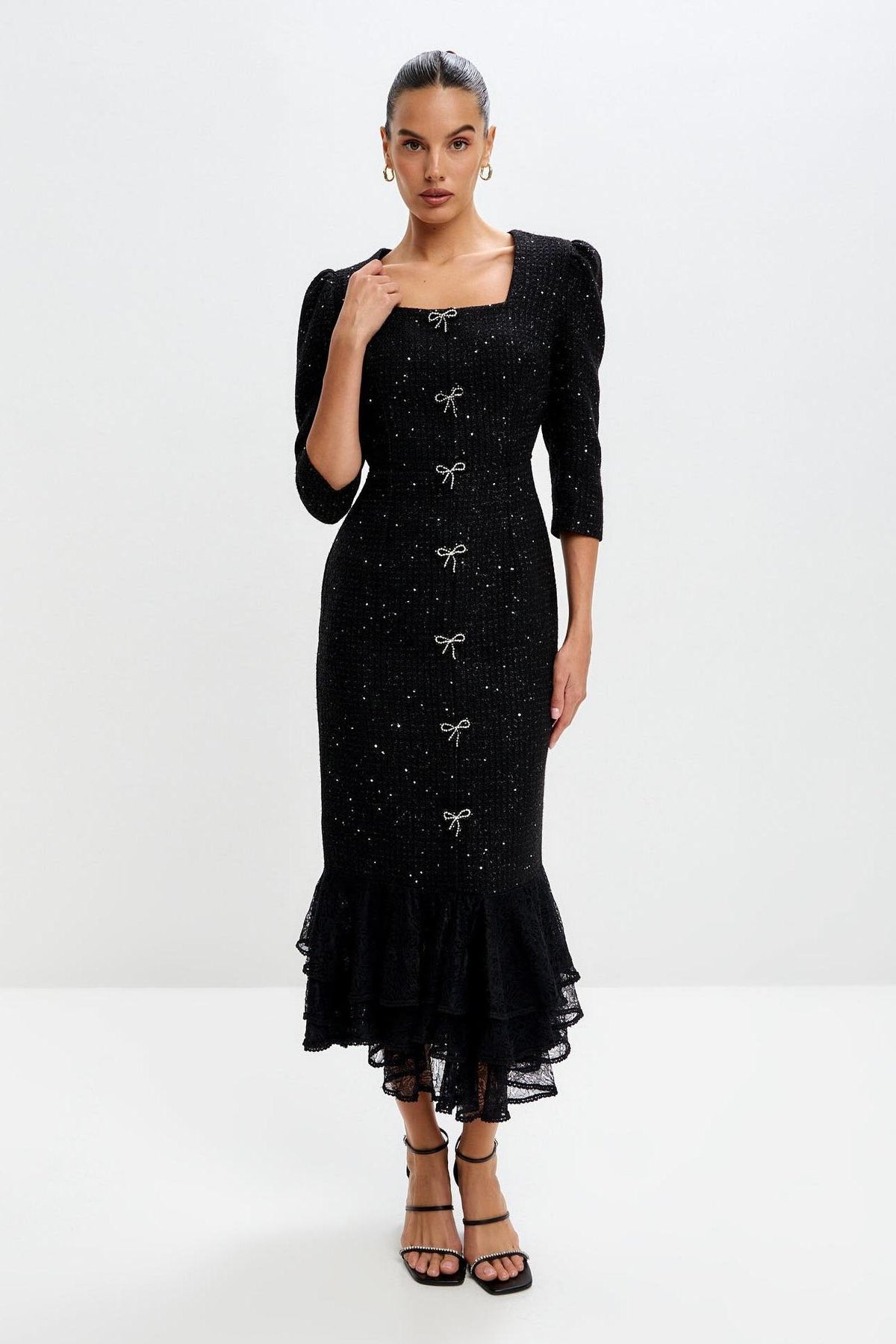 Bow Lace Ruffle Midi Dress