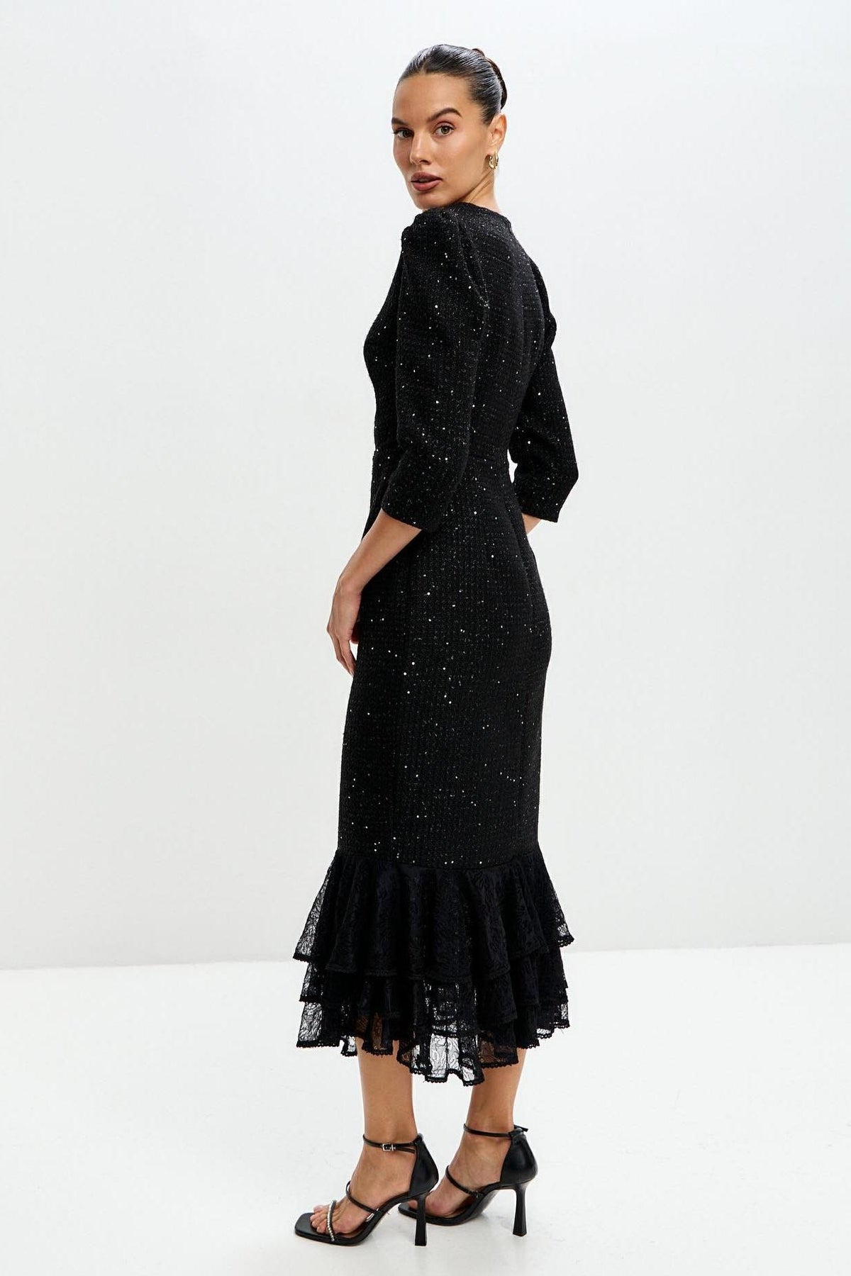 Bow Lace Ruffle Midi Dress