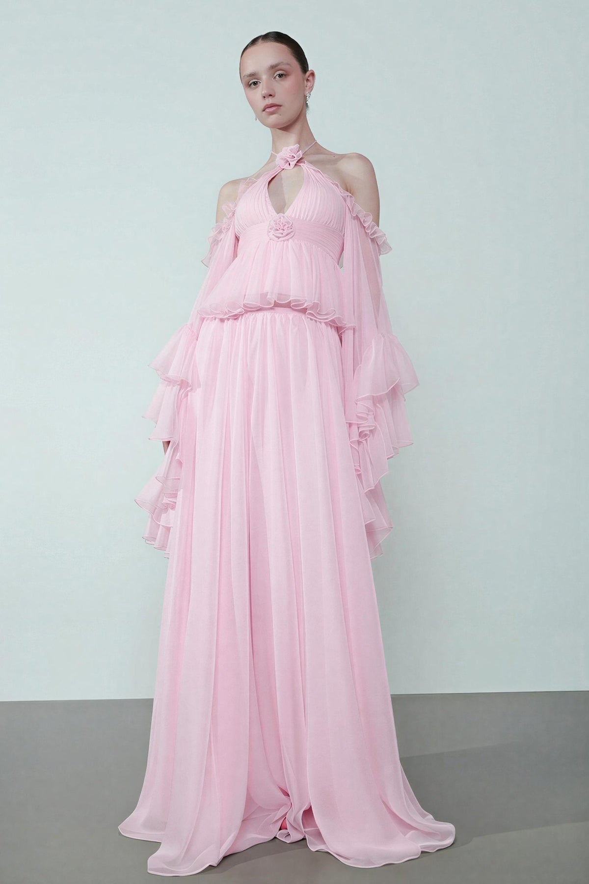 3D Flower Ruffle Top & High Waist Maxi Skirt Set