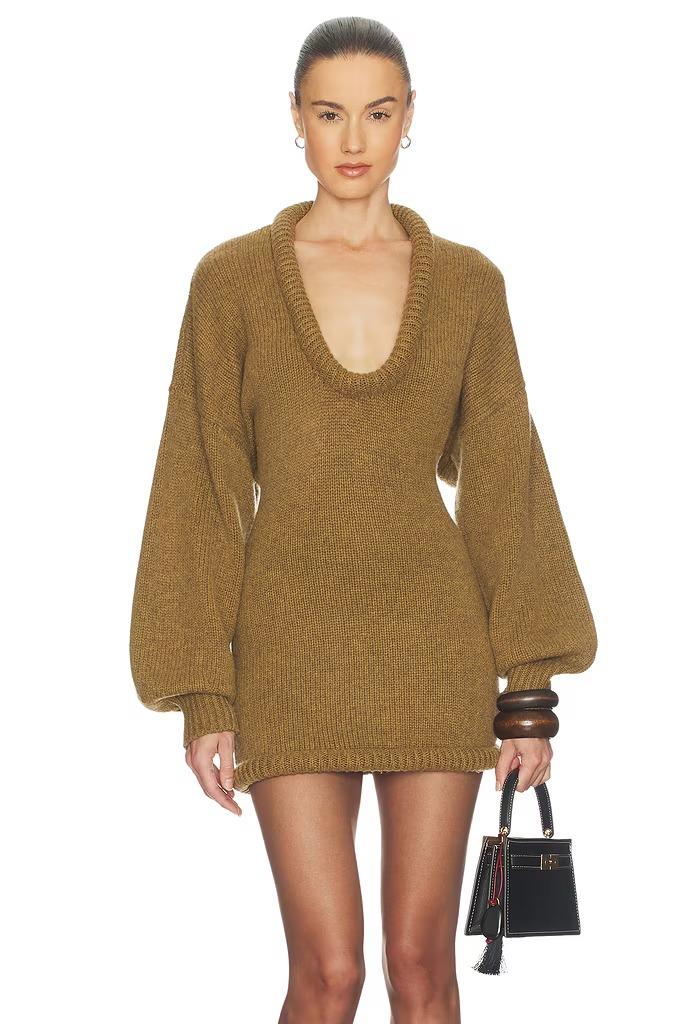 Knit U-Neck Lantern Sleeve Mini Dress